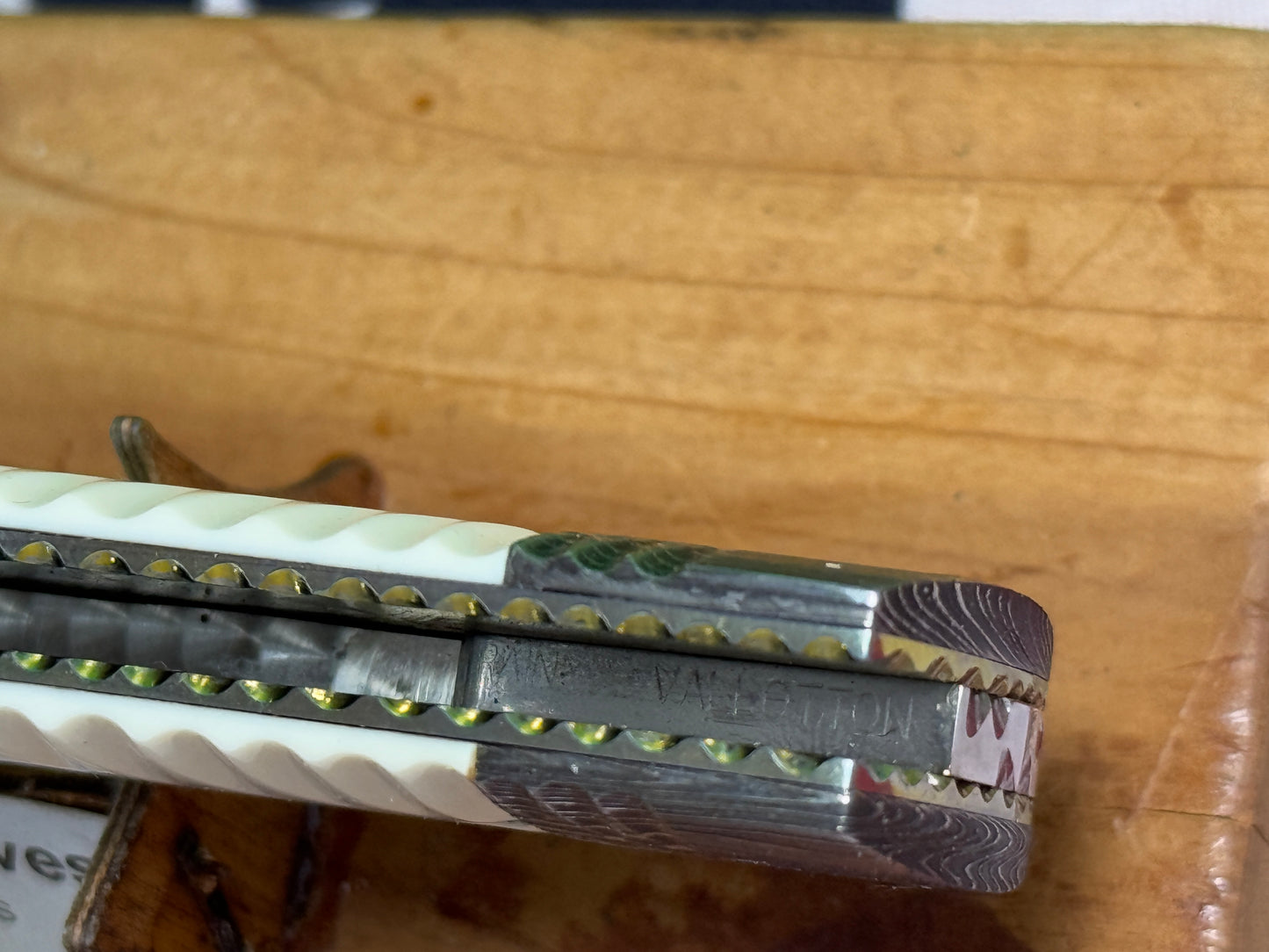 VALLOTTON, RAINY CUSTOM KNIVES USA/OREGON 2001-2003 ERA D & D ORIGINAL DAMACUS STEEL FEATHER CUT ICE PICK CUSTOM AUTOMATIC KNIFE MAMMOTH IVORY SCALES