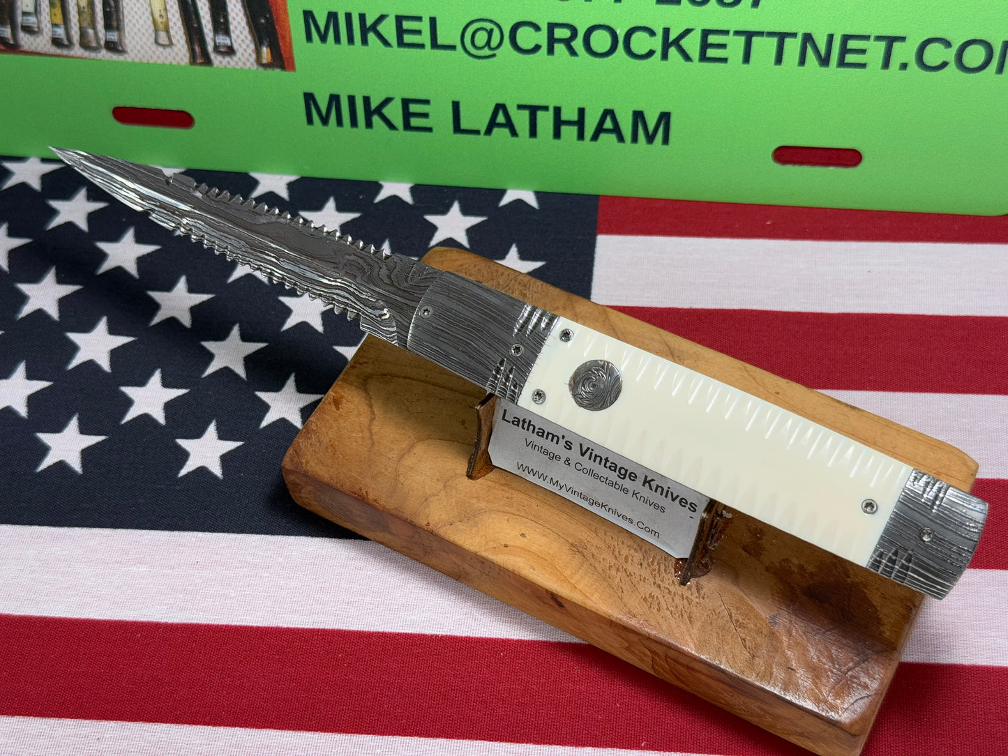 VALLOTTON, RAINY CUSTOM KNIVES USA/OREGON 2001-2003 ERA D & D ORIGINAL DAMACUS STEEL FEATHER CUT ICE PICK CUSTOM AUTOMATIC KNIFE MAMMOTH IVORY SCALES