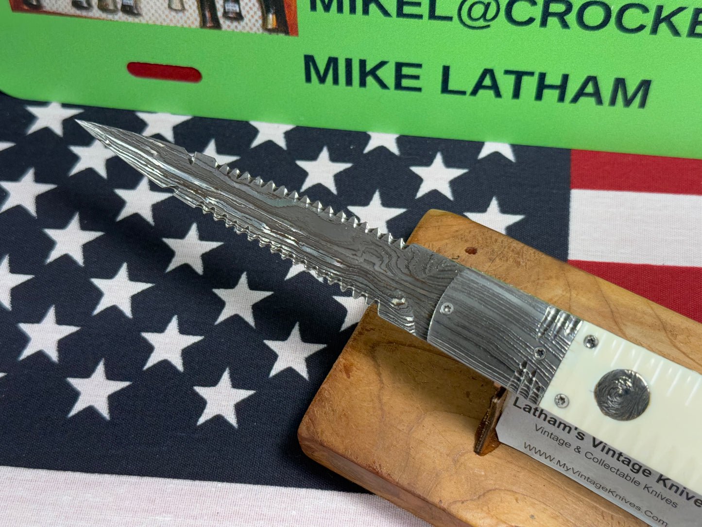 VALLOTTON, RAINY CUSTOM KNIVES USA/OREGON 2001-2003 ERA D & D ORIGINAL DAMACUS STEEL FEATHER CUT ICE PICK CUSTOM AUTOMATIC KNIFE MAMMOTH IVORY SCALES