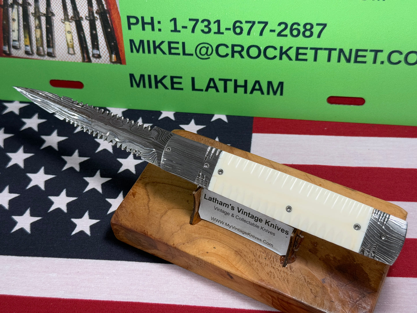 VALLOTTON, RAINY CUSTOM KNIVES USA/OREGON 2001-2003 ERA D & D ORIGINAL DAMACUS STEEL FEATHER CUT ICE PICK CUSTOM AUTOMATIC KNIFE MAMMOTH IVORY SCALES
