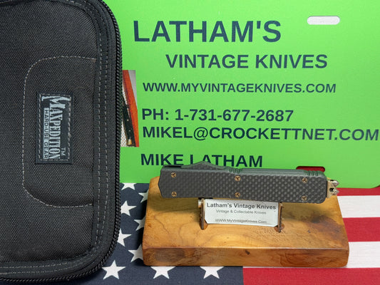 MICROTECH USA MARFIONE CUSTOM AUTOMATIC ALM SN 004 OTF MAKORA HIGH POLISH FIRE HARDWARE TACTICAL AUTOMATIC KNIFE CARBON FIBER TOP & BUTTON