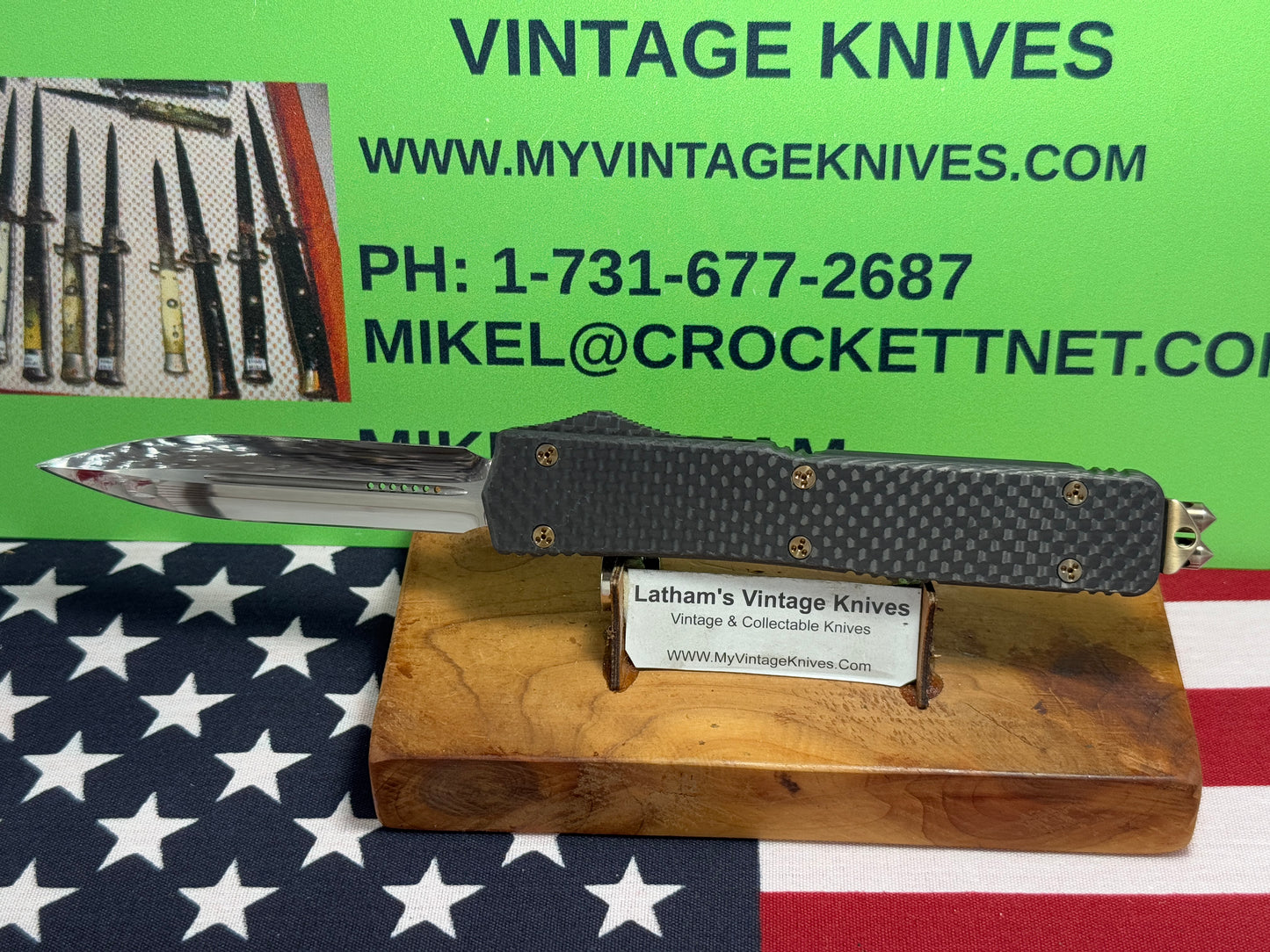 MICROTECH USA MARFIONE CUSTOM AUTOMATIC ALM SN 004 OTF MAKORA HIGH POLISH FIRE HARDWARE TACTICAL AUTOMATIC KNIFE CARBON FIBER TOP & BUTTON