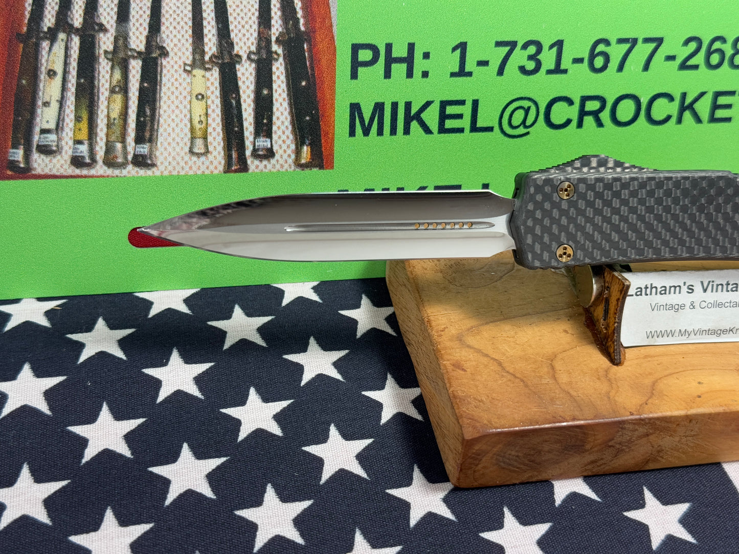 MICROTECH USA MARFIONE CUSTOM AUTOMATIC ALM SN 004 OTF MAKORA HIGH POLISH FIRE HARDWARE TACTICAL AUTOMATIC KNIFE CARBON FIBER TOP & BUTTON