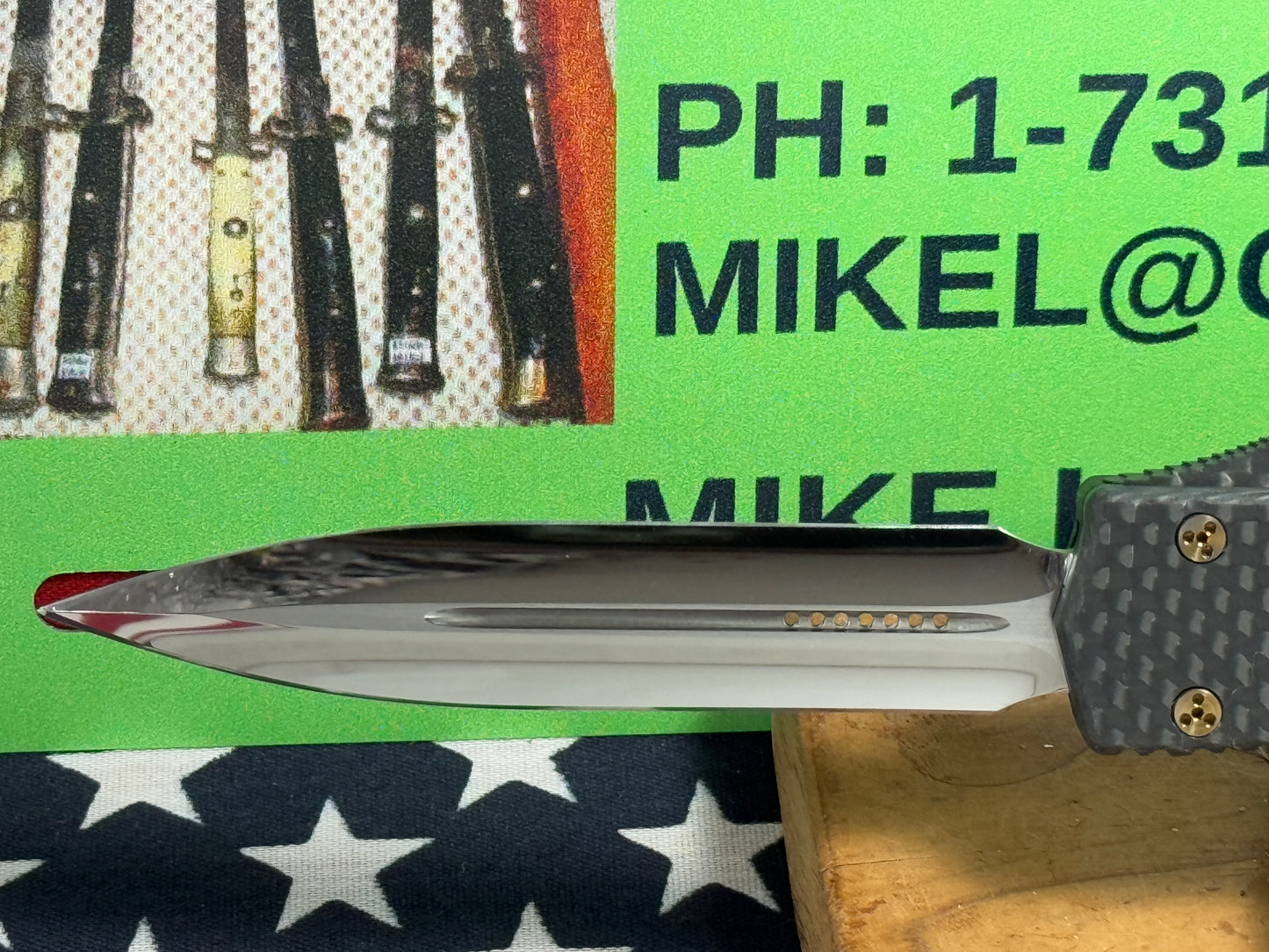 MICROTECH USA MARFIONE CUSTOM AUTOMATIC ALM SN 004 OTF MAKORA HIGH POLISH FIRE HARDWARE TACTICAL AUTOMATIC KNIFE CARBON FIBER TOP & BUTTON