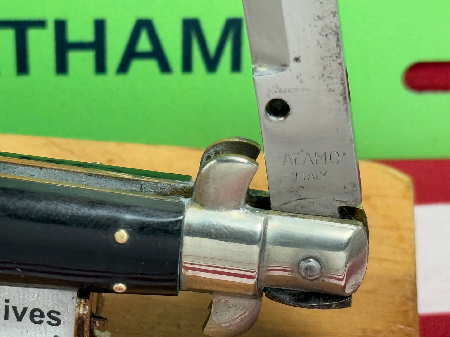 ALAMO ITLAY 1950-57 PICK LOCK STILETTO 20 CM ITALIAN AUTOMATIC KNIFE BUFFALO HORN HANDLES