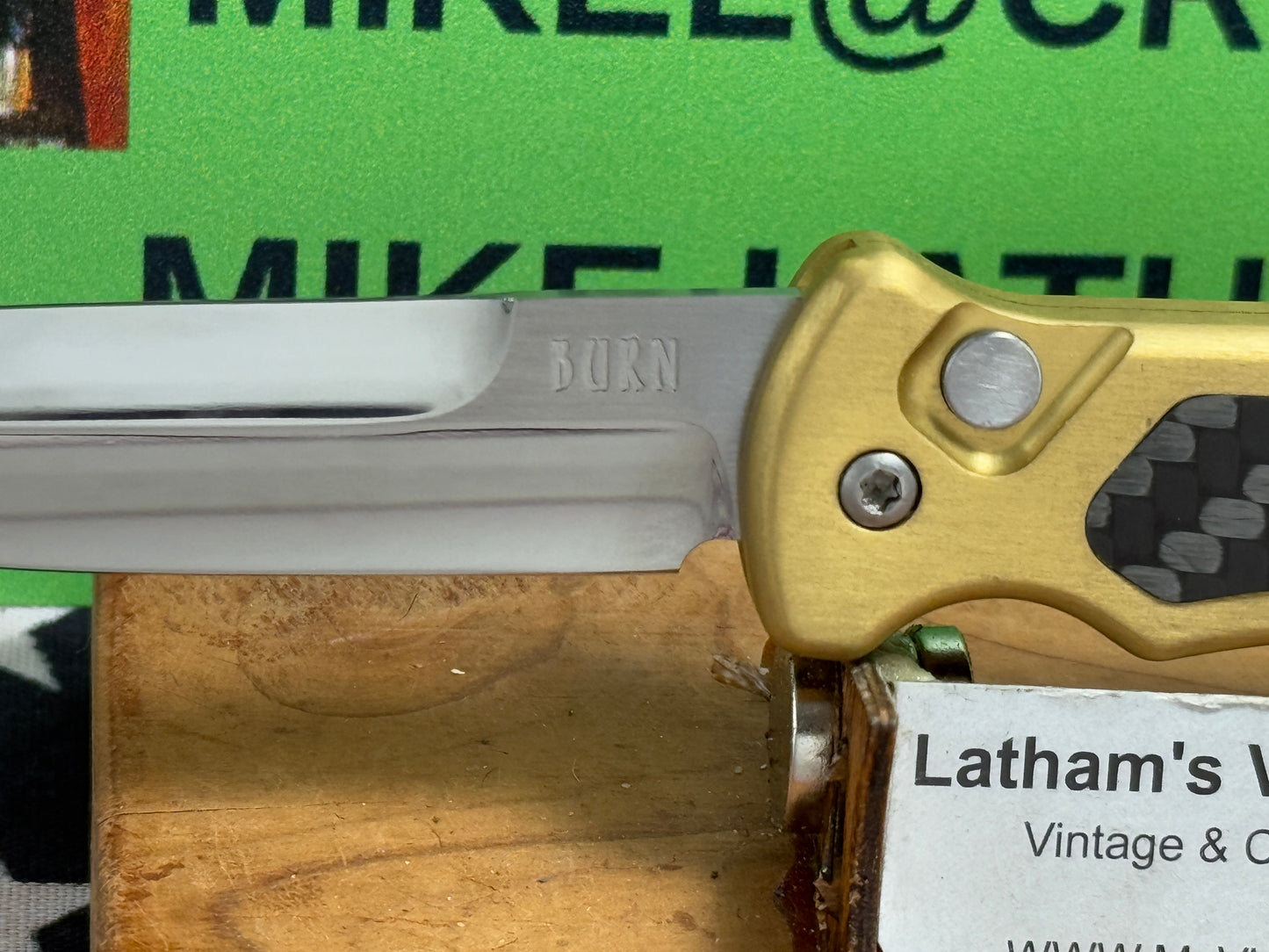 BURN KNIVES, PAUL PANAK, 2020 SMALL SIDE OPENING TACTICAL WITH MIRROR POLISHED BLADE CUSTOM AUTOMATIC KNIFE METAL HANDLES WITH CARBON FIBER INSERTS