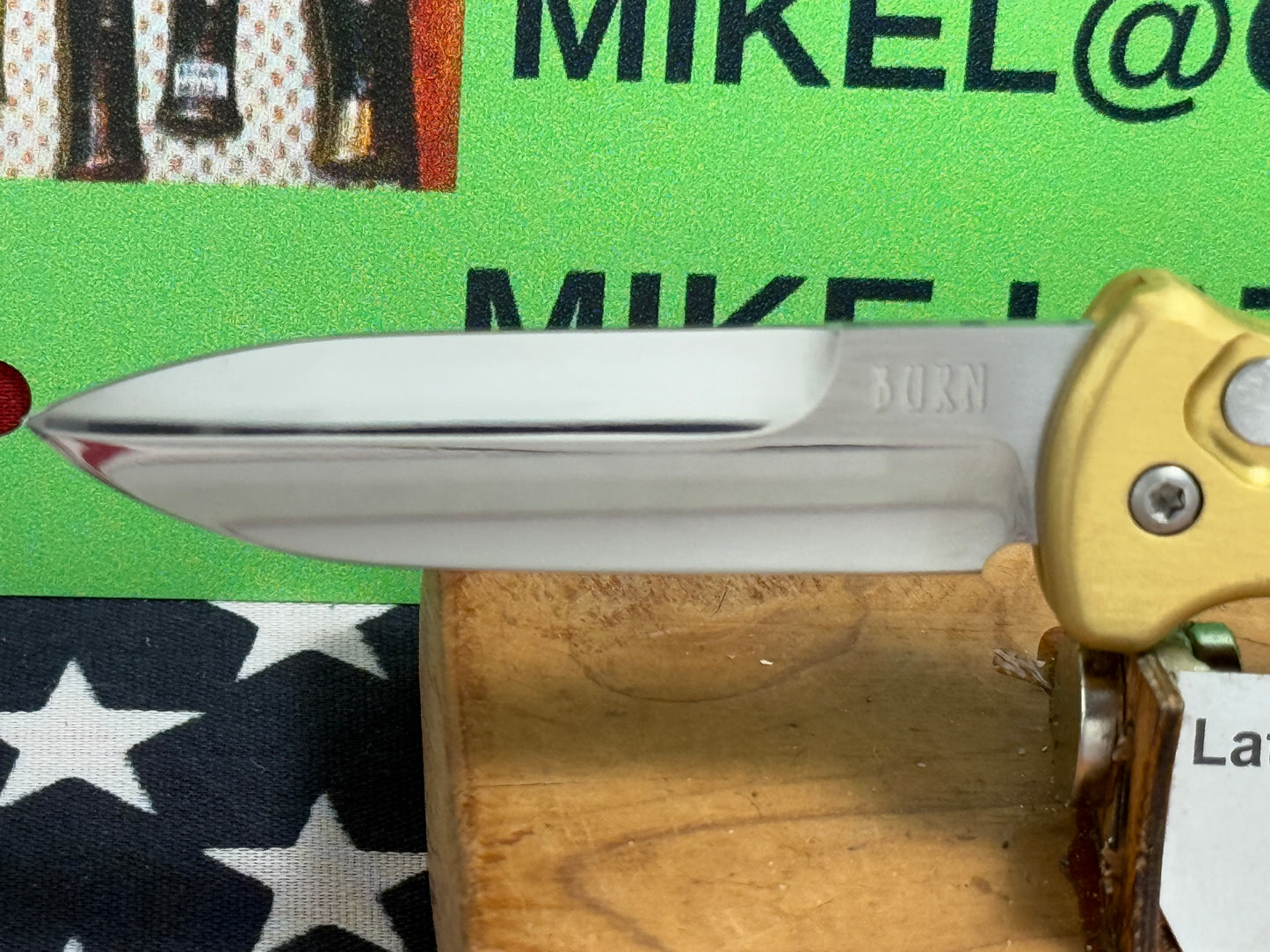 BURN KNIVES, PAUL PANAK, 2020 SMALL SIDE OPENING TACTICAL WITH MIRROR POLISHED BLADE CUSTOM AUTOMATIC KNIFE METAL HANDLES WITH CARBON FIBER INSERTS