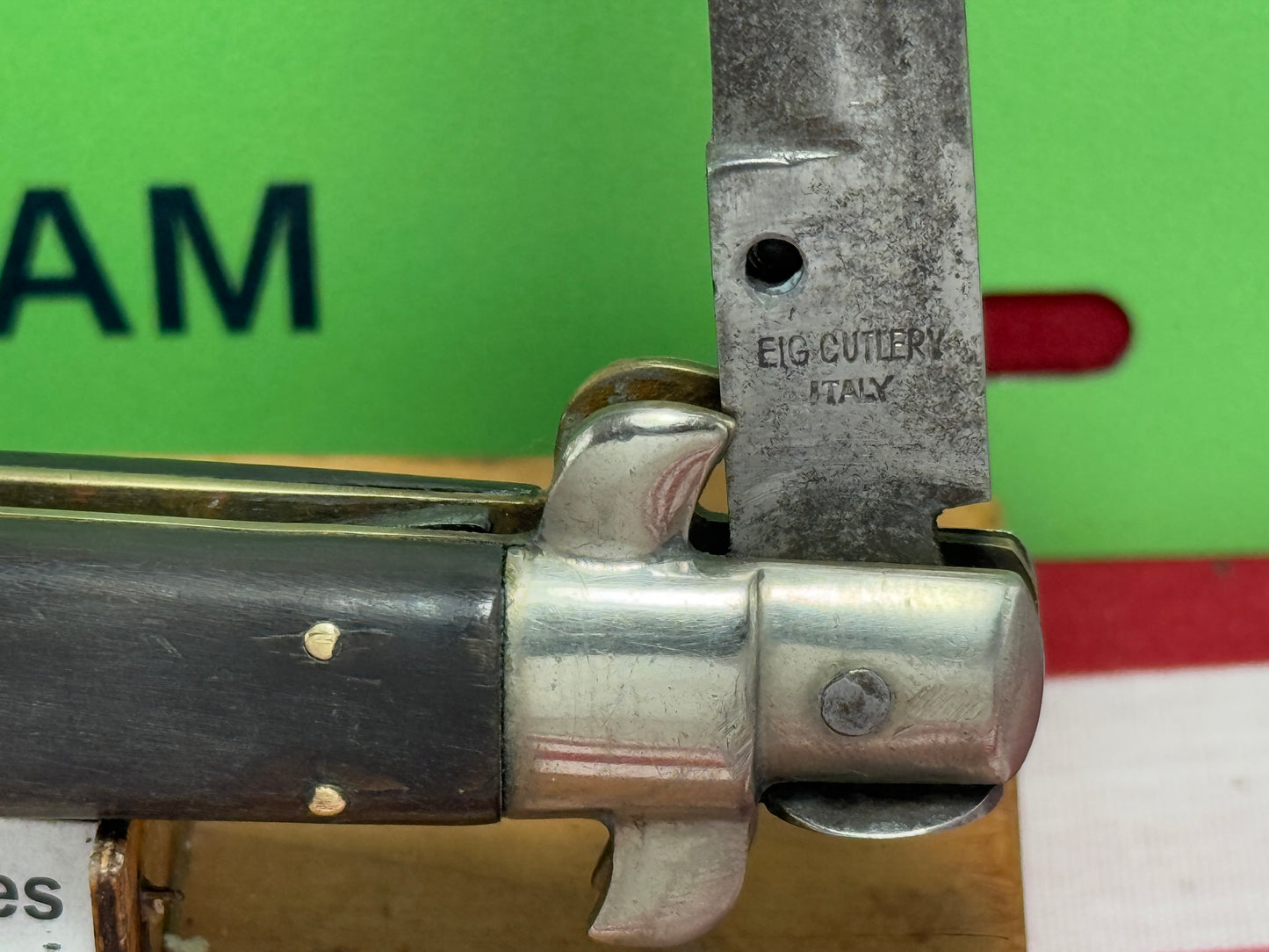 EIG CUTLERY ITALY 1950-57 PICK LOCK STILETTO 28 CM ITALIAN AUTOMATIC KNIFE BUFFALO HORN HANDLES