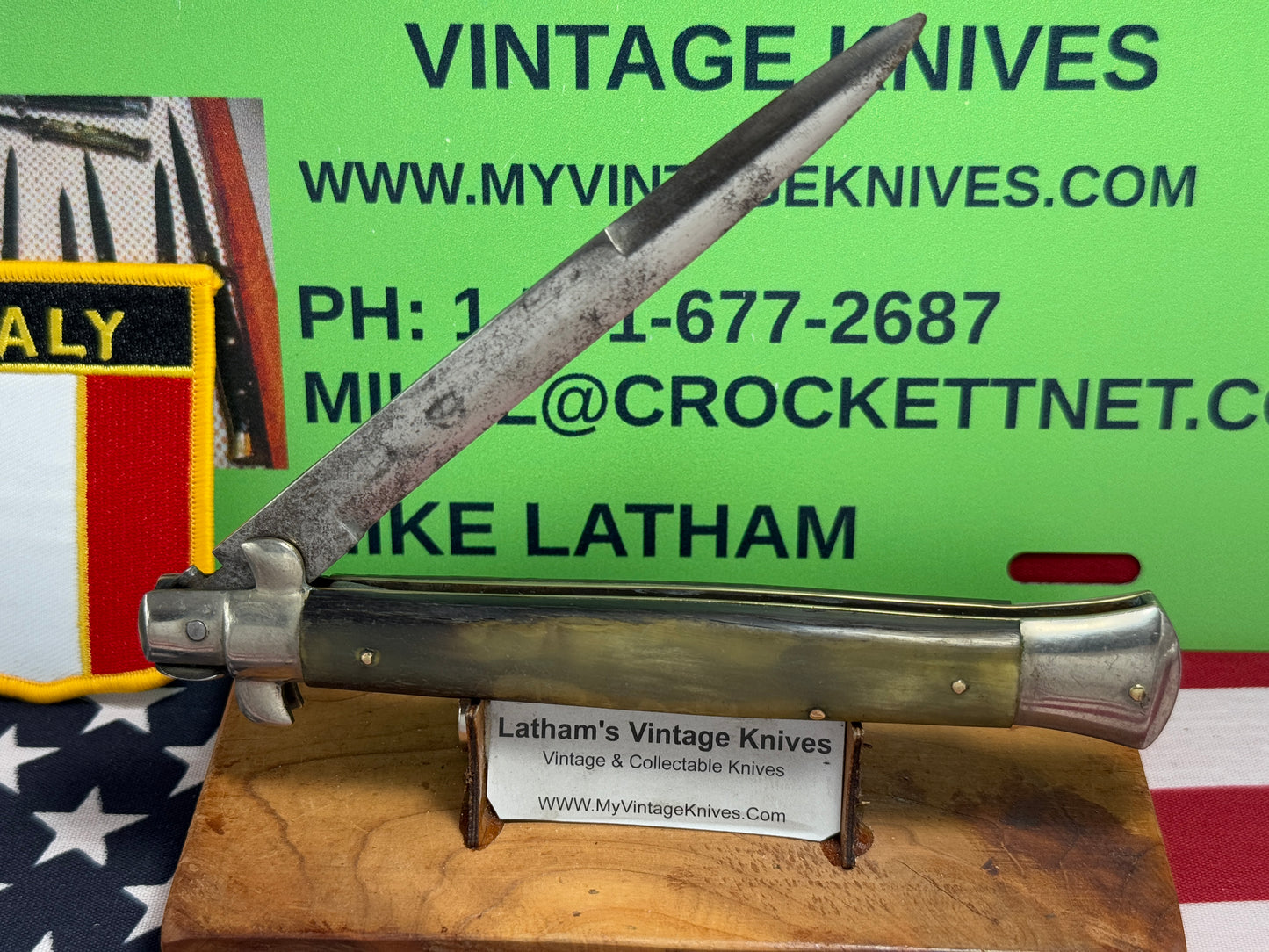 EIG CUTLERY ITALY 1950-57 PICK LOCK STILETTO 28 CM ITALIAN AUTOMATIC KNIFE BUFFALO HORN HANDLES