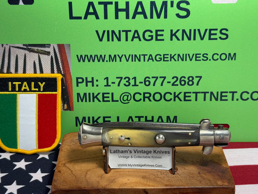 EIG CUTLERY ITALY "BOXED" STAMP 1950-54 PICK LOCK STILETTO 23 CM ITALIAN AUTOMATIC KNIFE BUFFALO HORN HANDLES