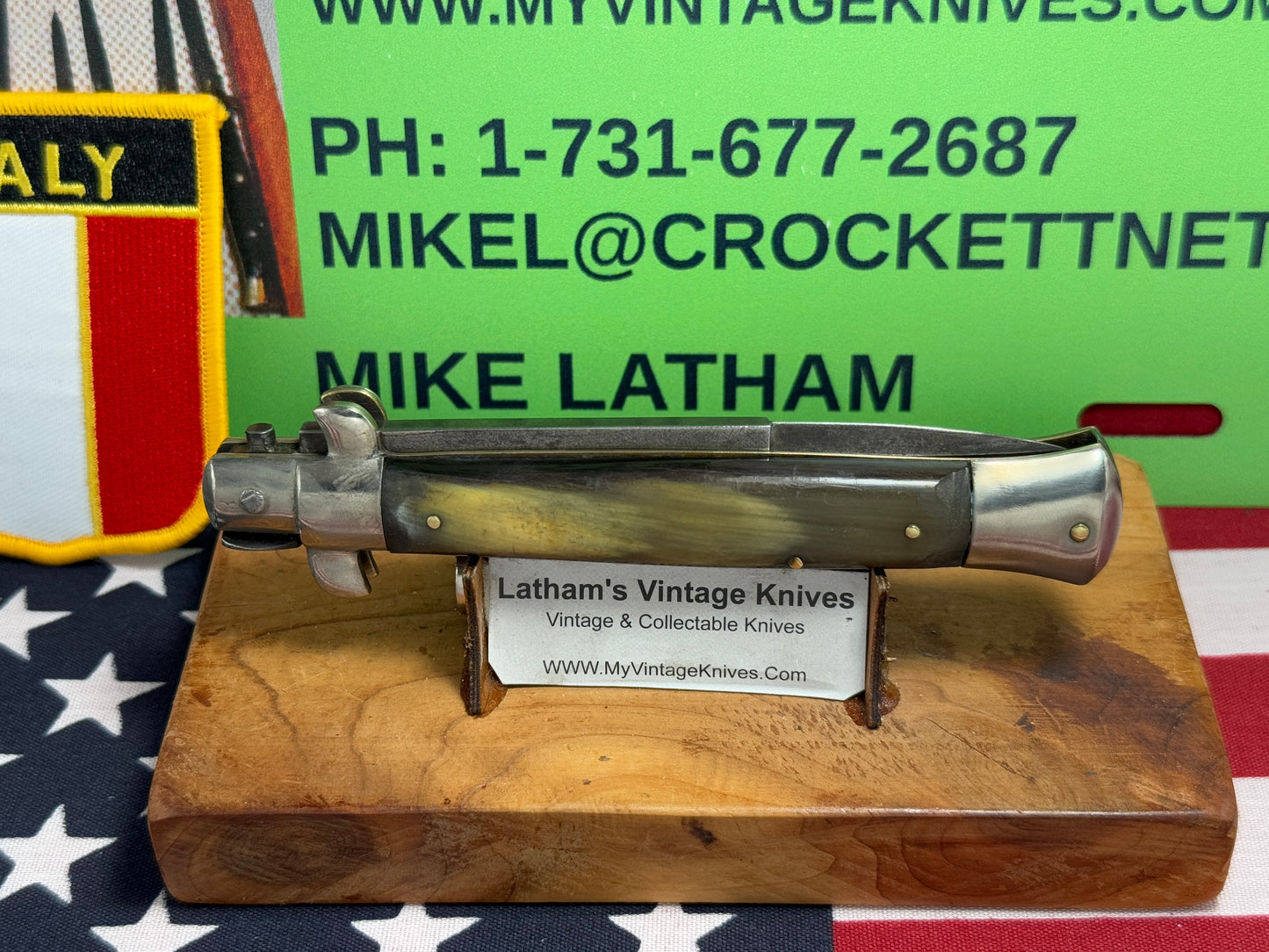 EIG CUTLERY ITALY "BOXED" STAMP 1950-54 PICK LOCK STILETTO 23 CM ITALIAN AUTOMATIC KNIFE BUFFALO HORN HANDLES