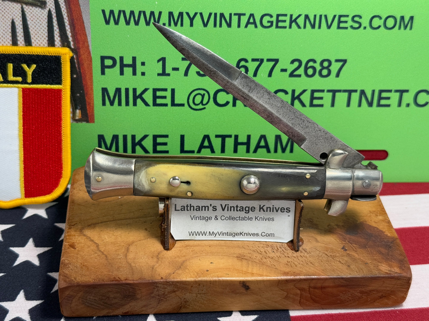 EIG CUTLERY ITALY "BOXED" STAMP 1950-54 PICK LOCK STILETTO 23 CM ITALIAN AUTOMATIC KNIFE BUFFALO HORN HANDLES