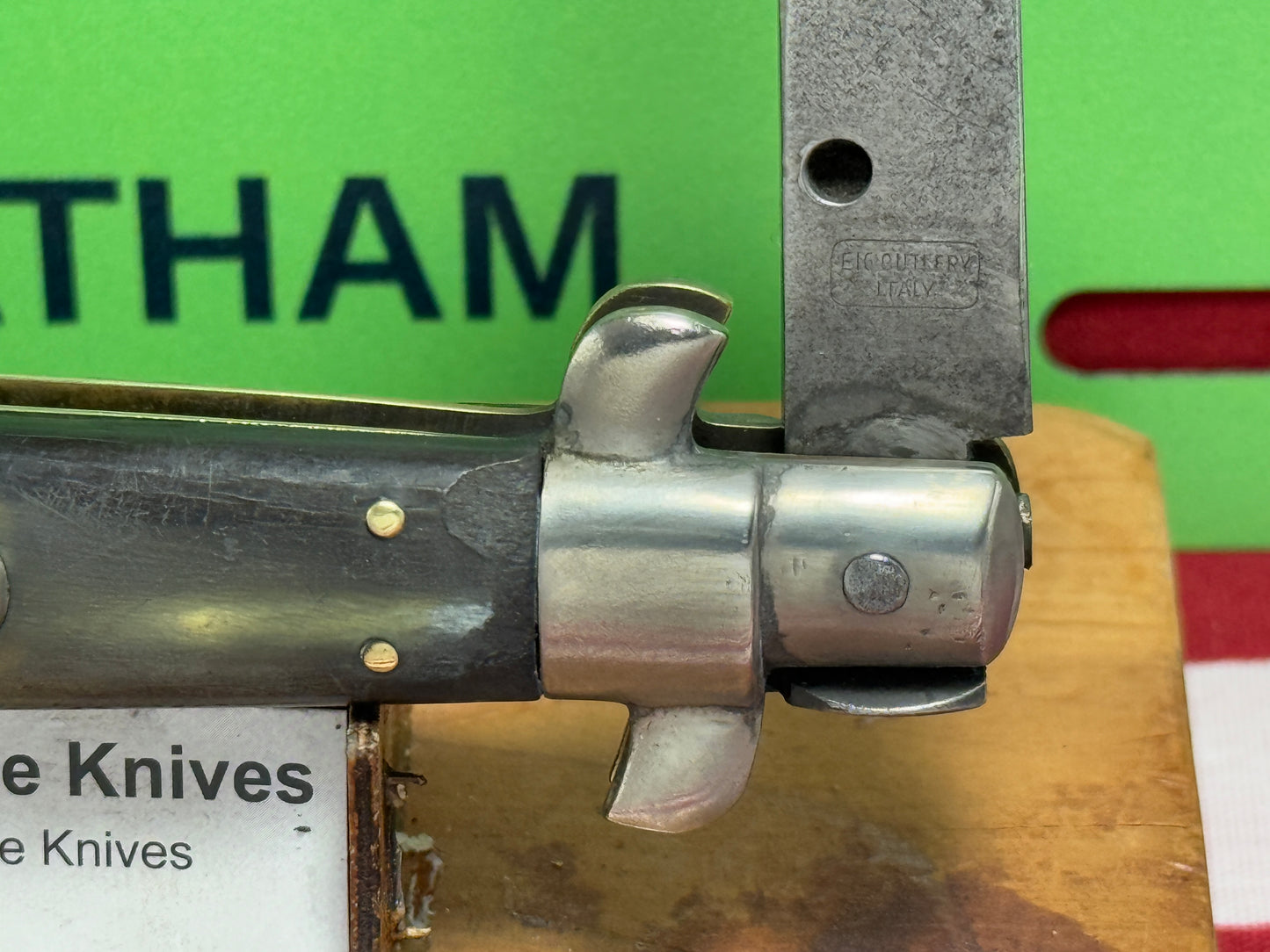 EIG CUTLERY ITALY "BOXED" STAMP 1950-54 PICK LOCK STILETTO 23 CM ITALIAN AUTOMATIC KNIFE BUFFALO HORN HANDLES