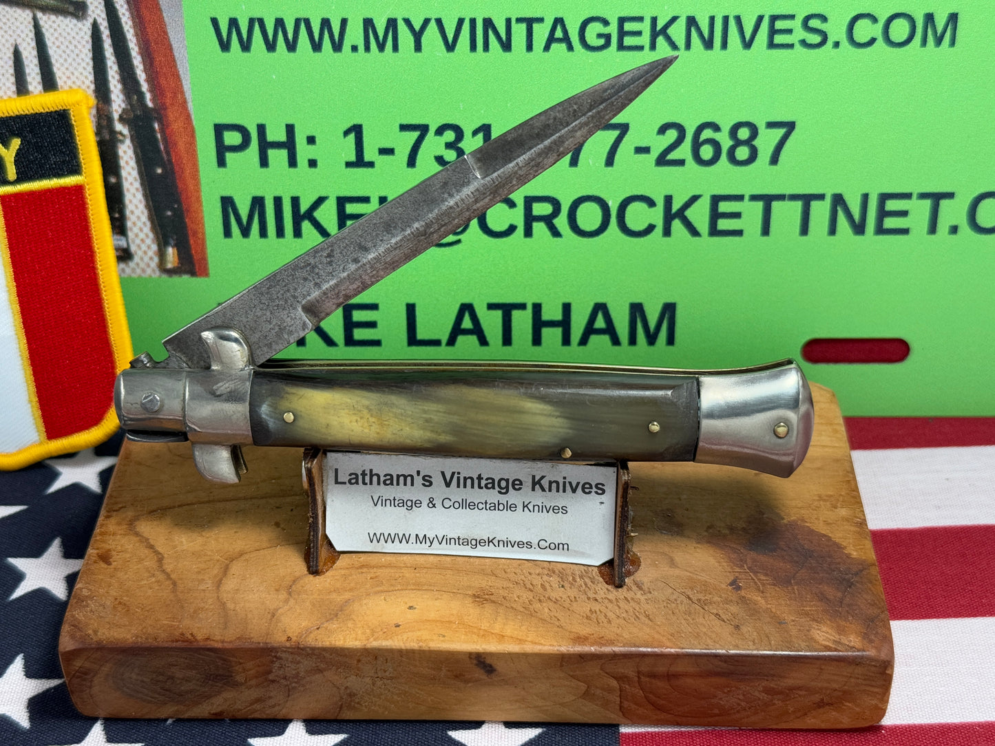 EIG CUTLERY ITALY "BOXED" STAMP 1950-54 PICK LOCK STILETTO 23 CM ITALIAN AUTOMATIC KNIFE BUFFALO HORN HANDLES