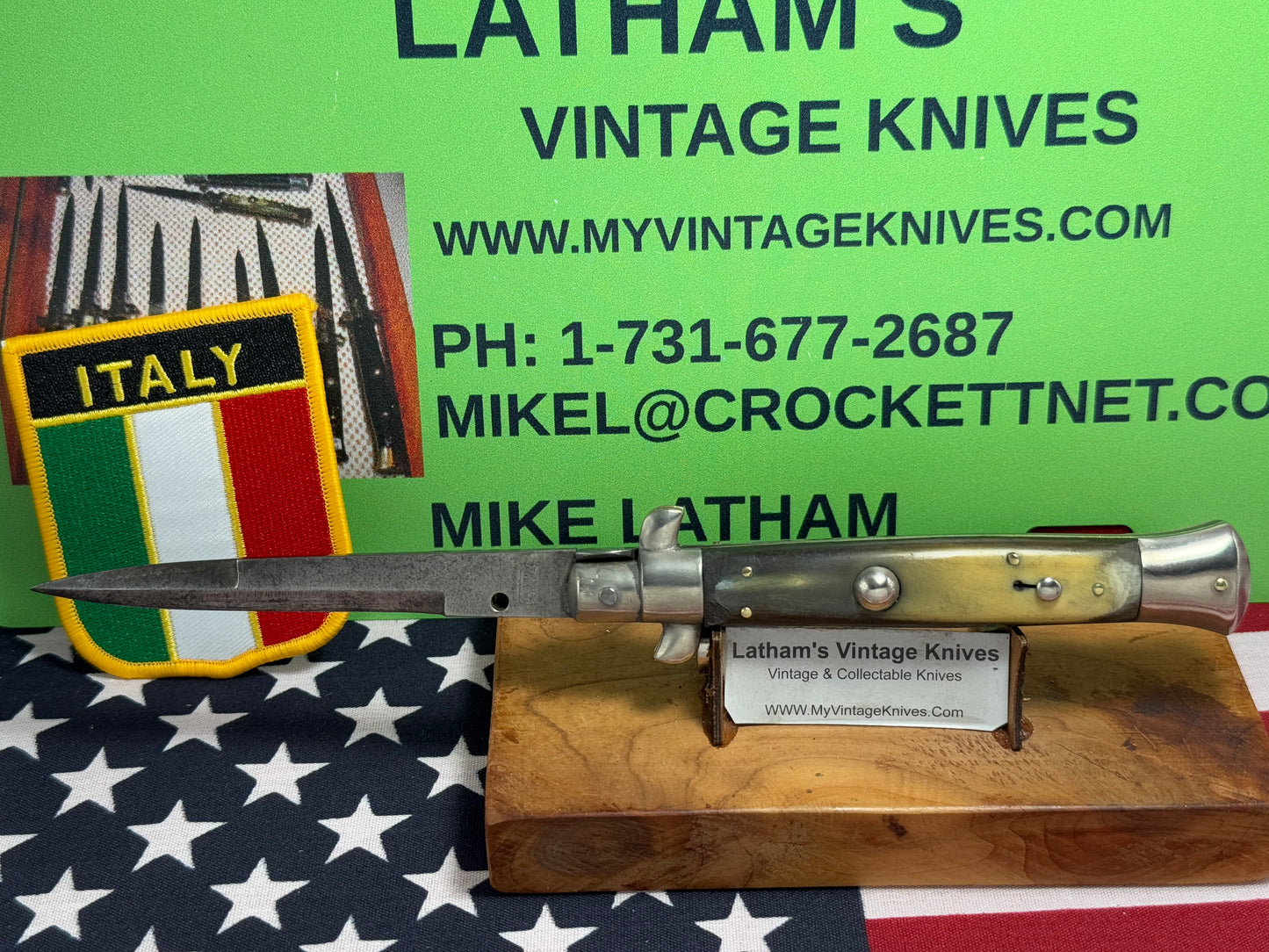 EIG CUTLERY ITALY "BOXED" STAMP 1950-54 PICK LOCK STILETTO 23 CM ITALIAN AUTOMATIC KNIFE BUFFALO HORN HANDLES