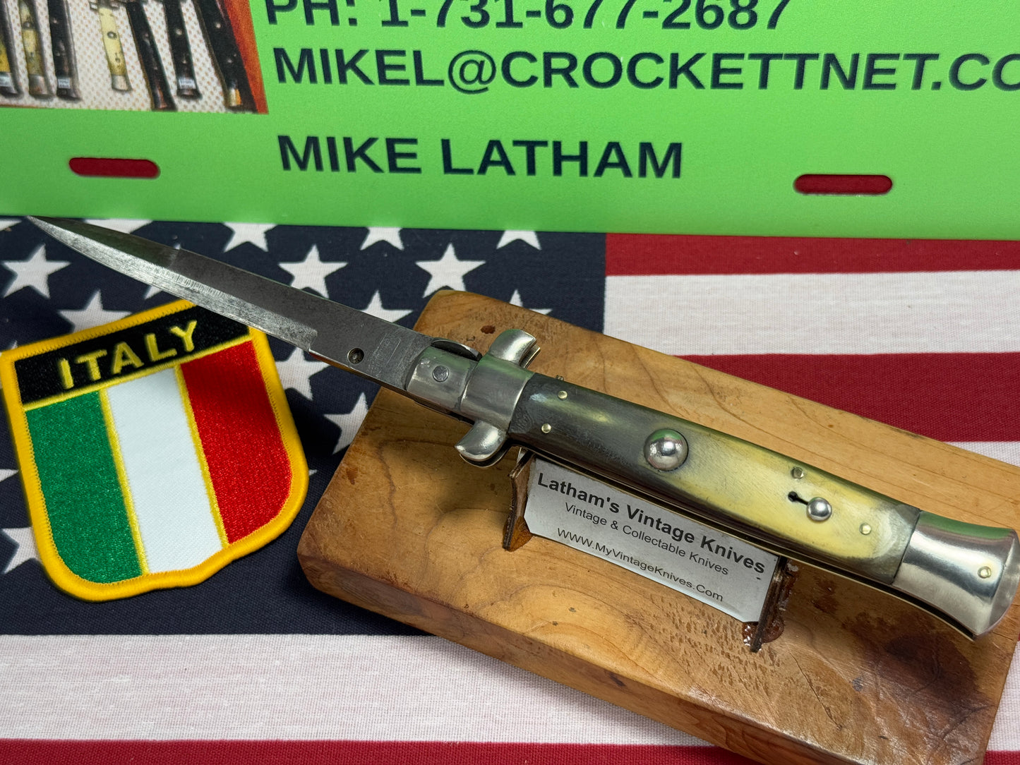 EIG CUTLERY ITALY "BOXED" STAMP 1950-54 PICK LOCK STILETTO 23 CM ITALIAN AUTOMATIC KNIFE BUFFALO HORN HANDLES