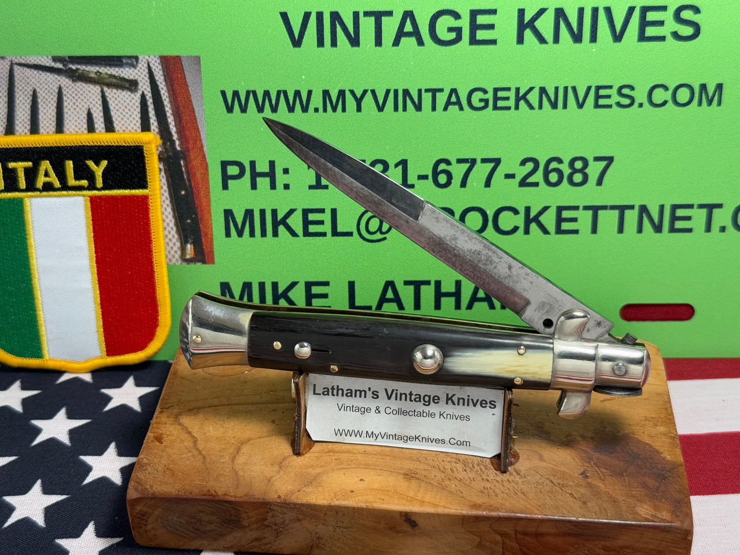 EIG CUTLERY ITALY 1950-57 PICK LOCK STILETTO 23 CM ITALIAN AUTOMATIC KNIFE BUFFALO HORN HANDLES