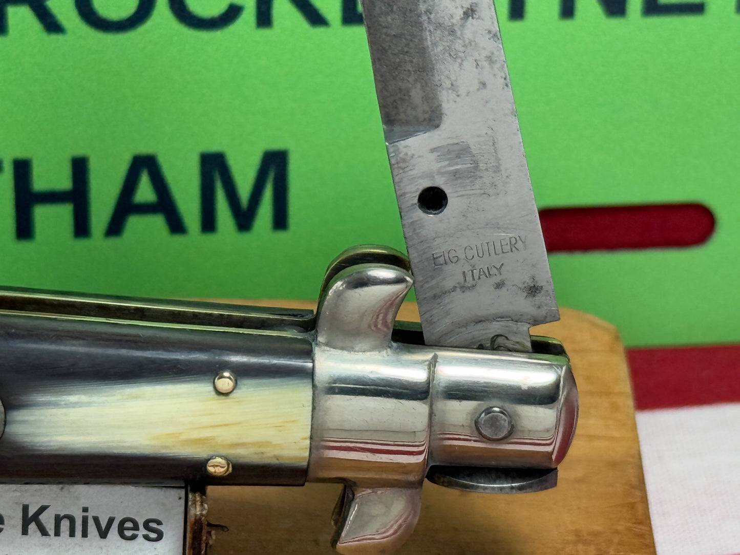 EIG CUTLERY ITALY 1950-57 PICK LOCK STILETTO 23 CM ITALIAN AUTOMATIC KNIFE BUFFALO HORN HANDLES