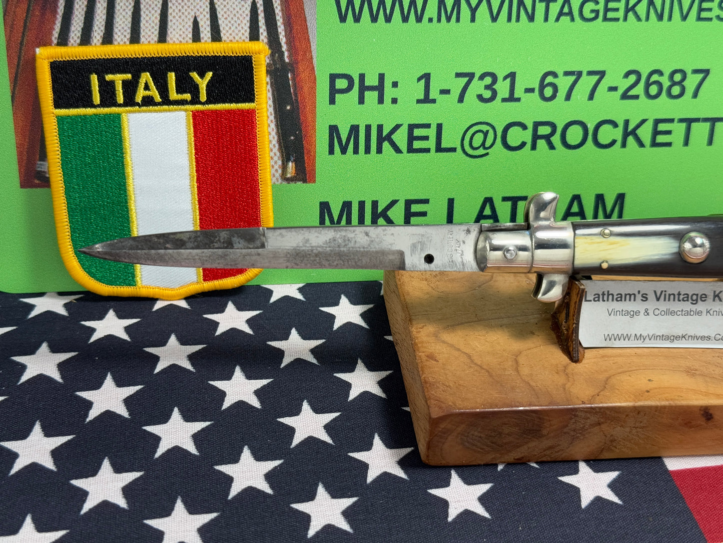 EIG CUTLERY ITALY 1950-57 PICK LOCK STILETTO 23 CM ITALIAN AUTOMATIC KNIFE BUFFALO HORN HANDLES