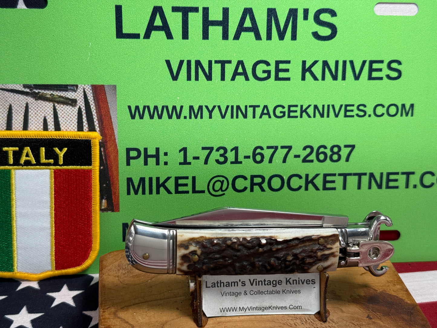 G.O.M. INOX ITALY 2005-2010 LEVER AUTOMATIC SHELL PULLER ITALIAN AUTOMATIC KNIFE STAG HANDLES