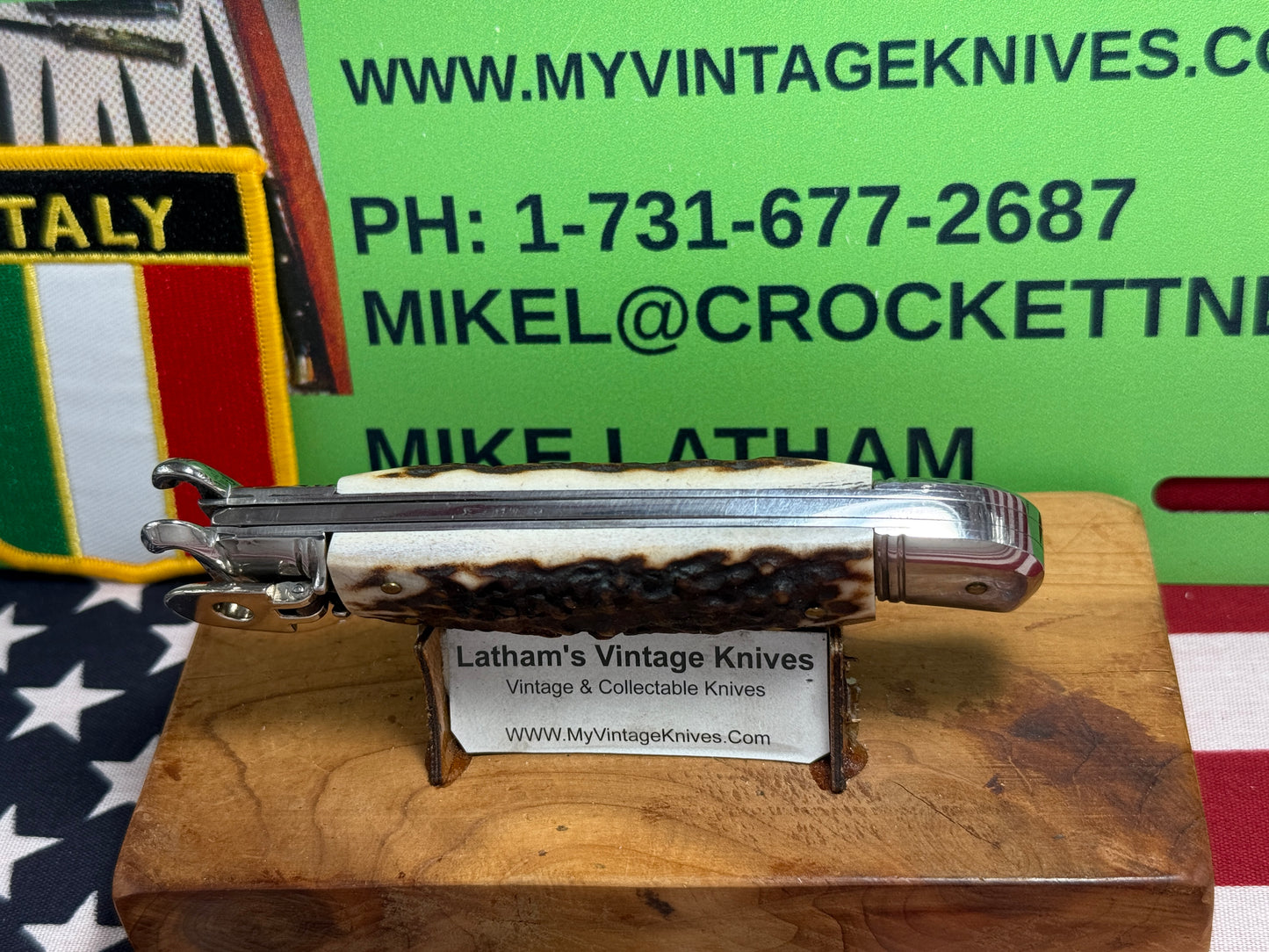 G.O.M. INOX ITALY 2005-2010 LEVER AUTOMATIC SHELL PULLER ITALIAN AUTOMATIC KNIFE STAG HANDLES