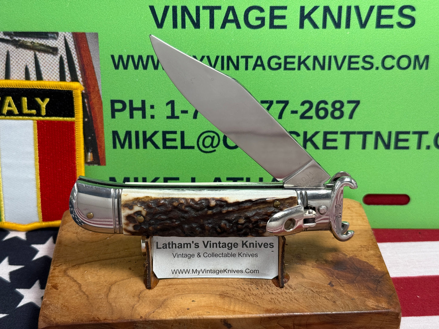 G.O.M. INOX ITALY 2005-2010 LEVER AUTOMATIC SHELL PULLER ITALIAN AUTOMATIC KNIFE STAG HANDLES