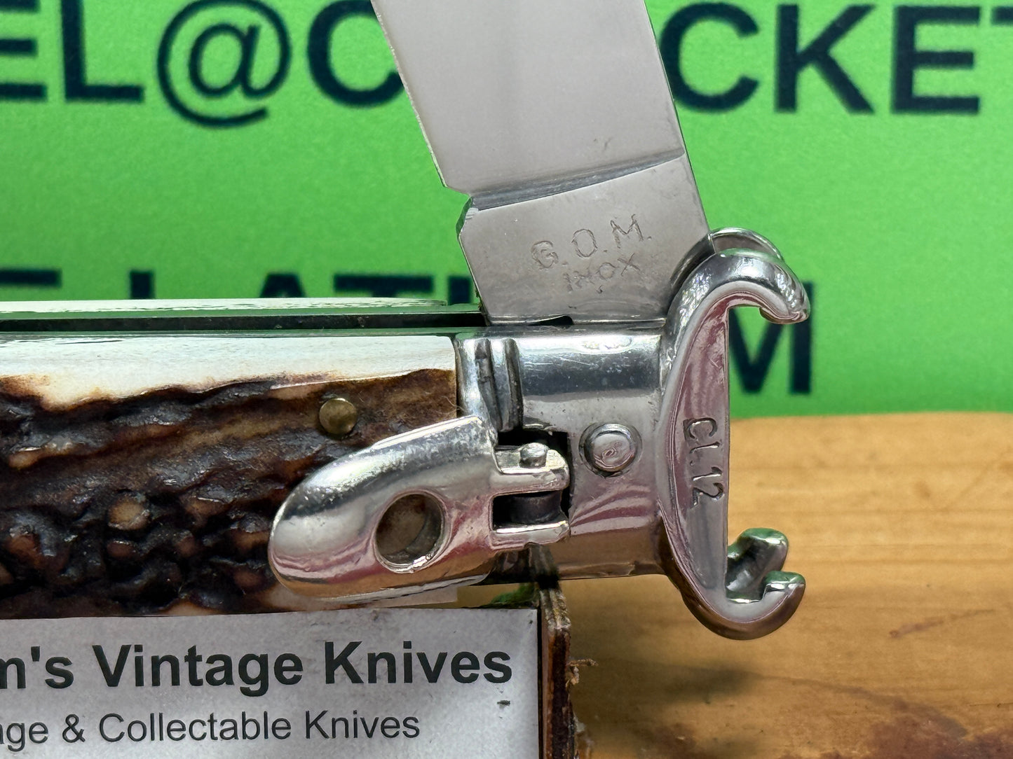 G.O.M. INOX ITALY 2005-2010 LEVER AUTOMATIC SHELL PULLER ITALIAN AUTOMATIC KNIFE STAG HANDLES