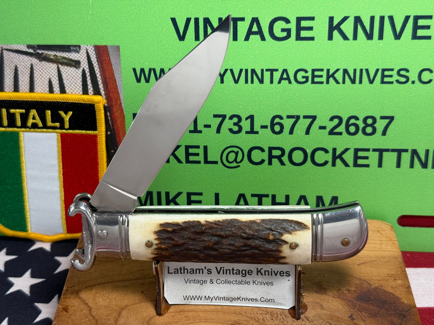 G.O.M. INOX ITALY 2005-2010 LEVER AUTOMATIC SHELL PULLER ITALIAN AUTOMATIC KNIFE STAG HANDLES