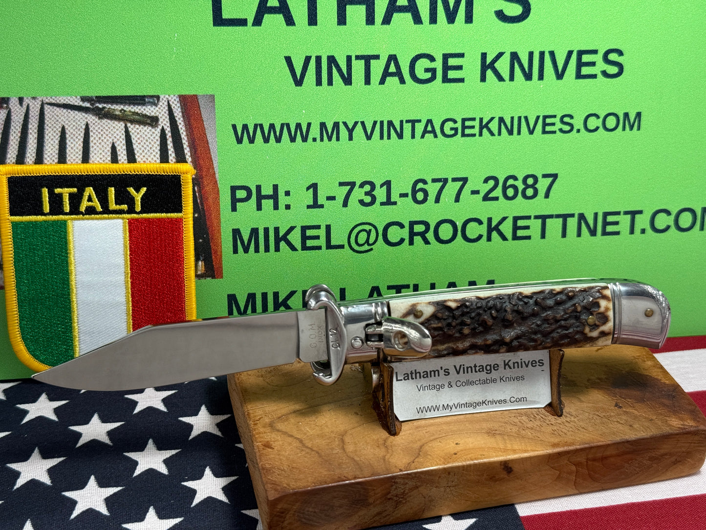 G.O.M. INOX ITALY 2005-2010 LEVER AUTOMATIC SHELL PULLER ITALIAN AUTOMATIC KNIFE STAG HANDLES