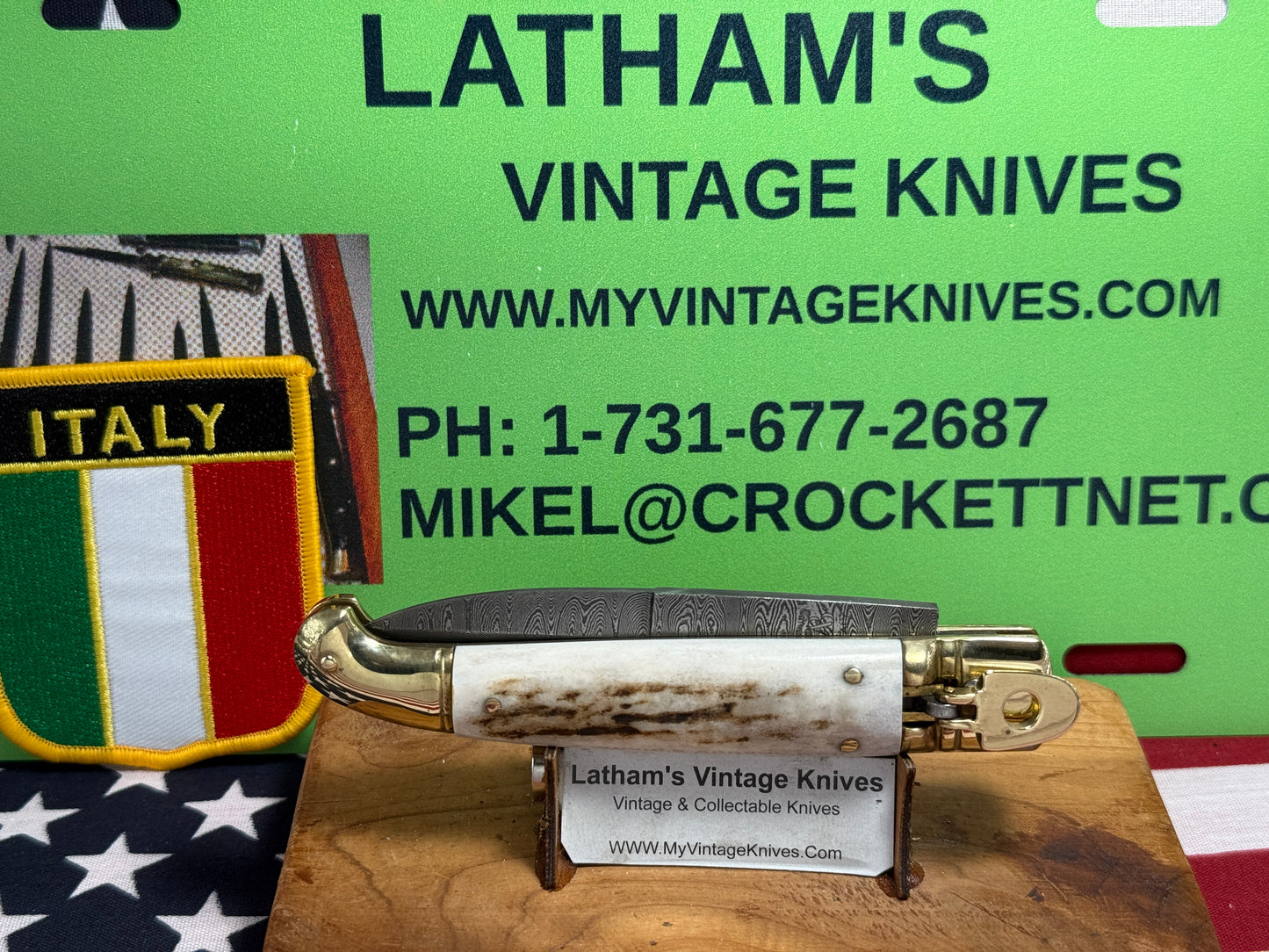 AB ITALY 2005-2010 LEVER AUTOMATIC "BIRD'S HEAD" DAMACUS STEEL ITALIAN AUTOMATIC KNIFE STAG HANDLES