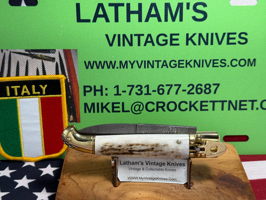 AB ITALY 2005-2010 LEVER AUTOMATIC "BIRD'S HEAD" DAMACUS STEEL ITALIAN AUTOMATIC KNIFE STAG HANDLES