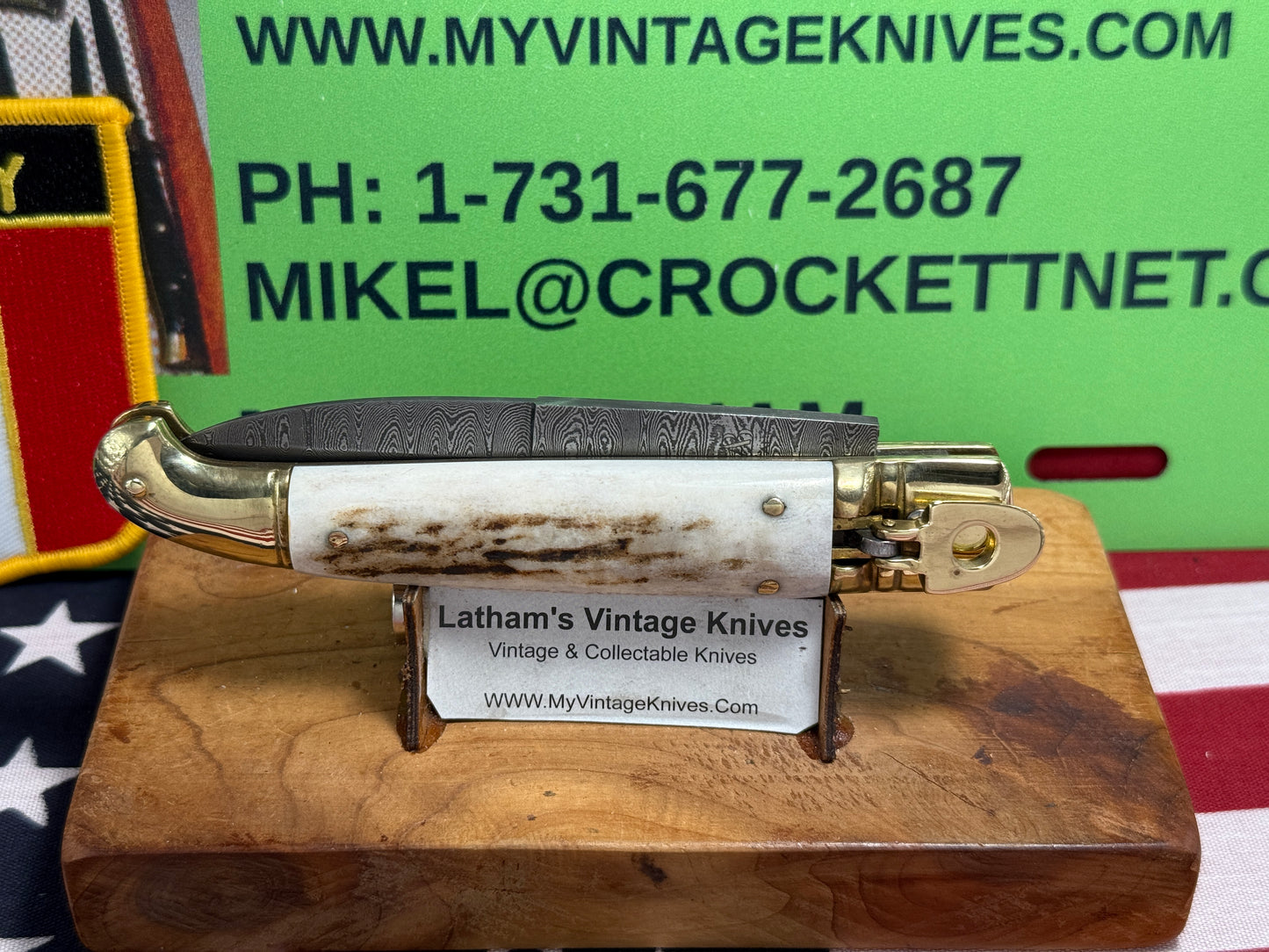 AB ITALY 2005-2010 LEVER AUTOMATIC "BIRD'S HEAD" DAMACUS STEEL ITALIAN AUTOMATIC KNIFE STAG HANDLES