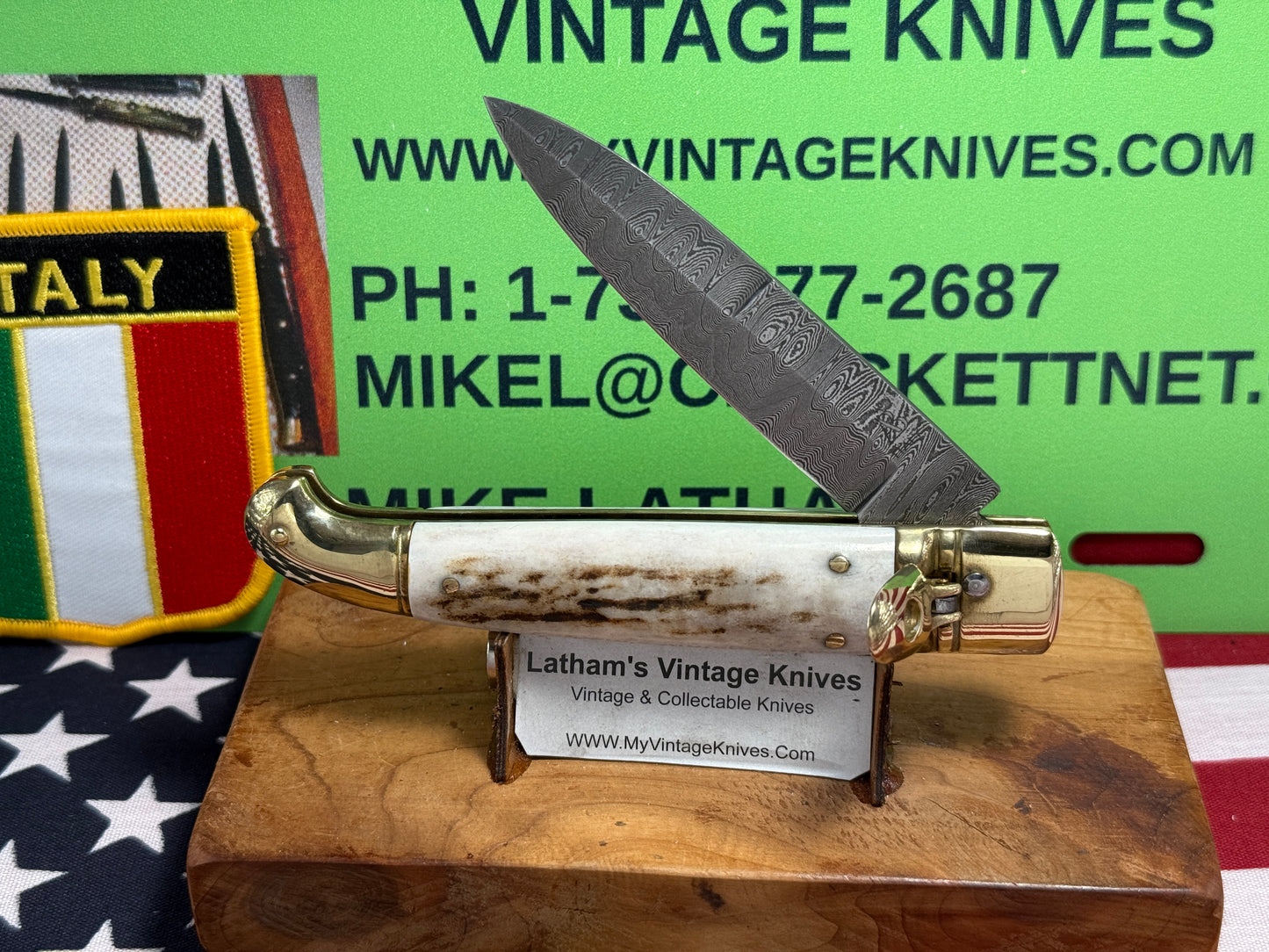 AB ITALY 2005-2010 LEVER AUTOMATIC "BIRD'S HEAD" DAMACUS STEEL ITALIAN AUTOMATIC KNIFE STAG HANDLES