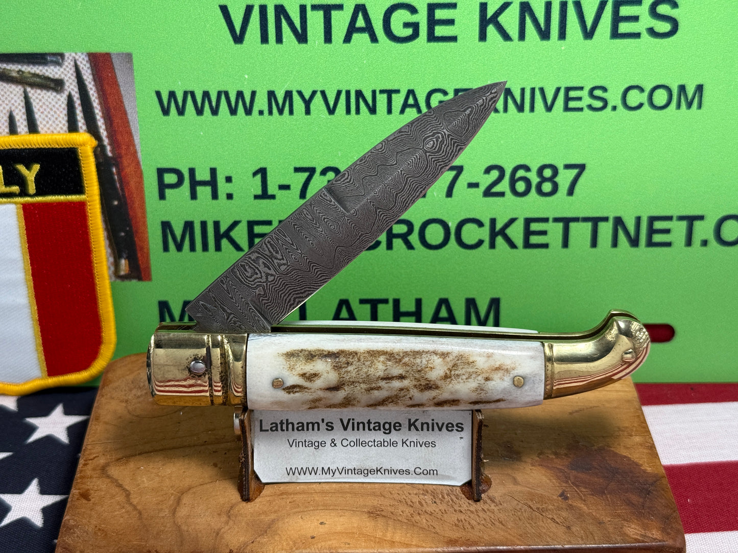 AB ITALY 2005-2010 LEVER AUTOMATIC "BIRD'S HEAD" DAMACUS STEEL ITALIAN AUTOMATIC KNIFE STAG HANDLES