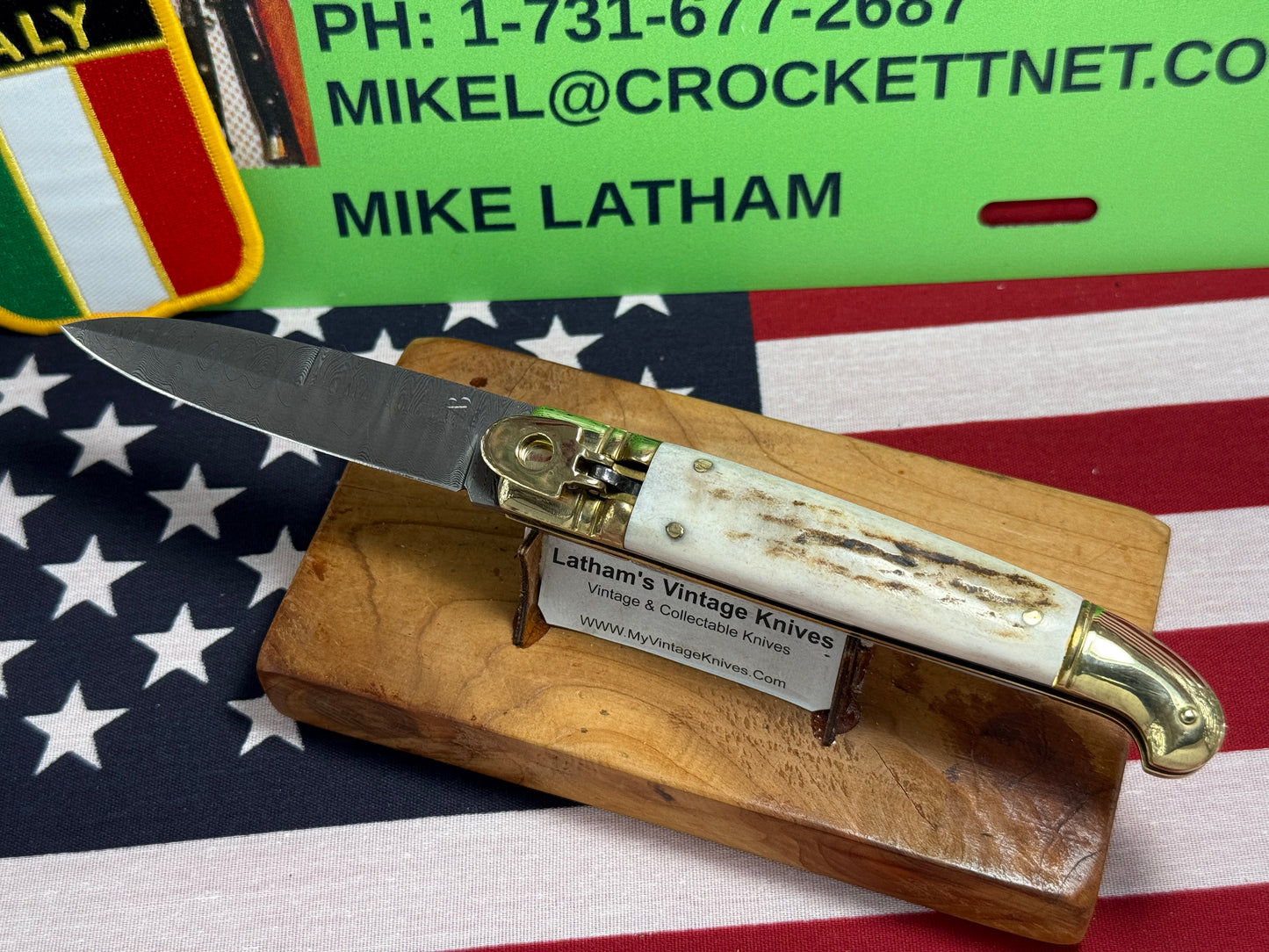 AB ITALY 2005-2010 LEVER AUTOMATIC "BIRD'S HEAD" DAMACUS STEEL ITALIAN AUTOMATIC KNIFE STAG HANDLES