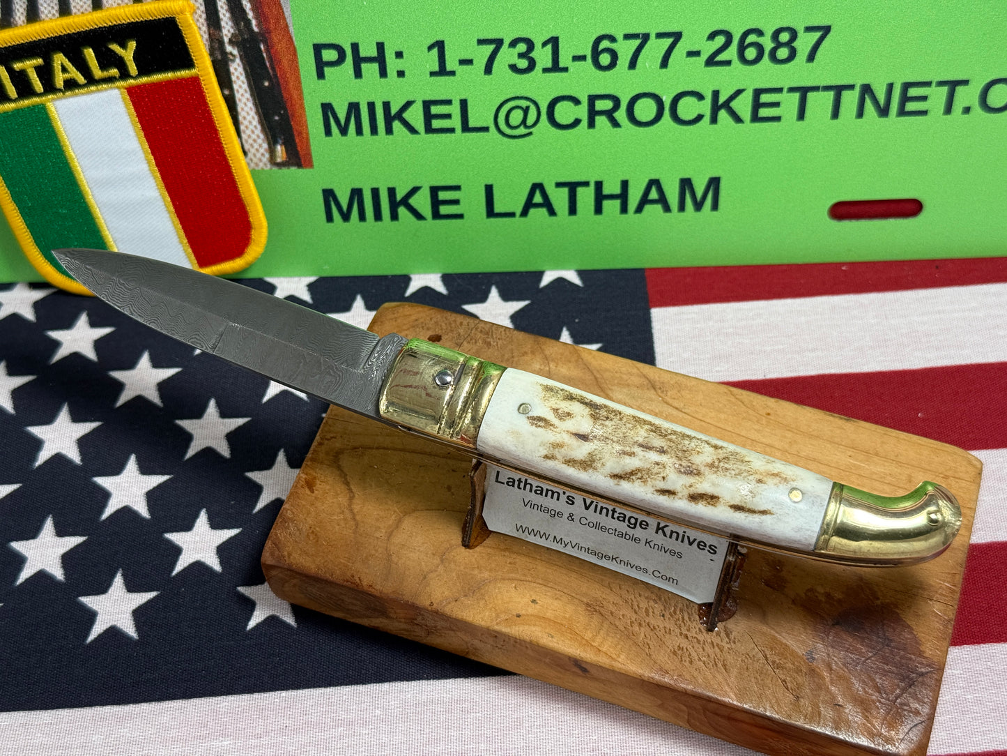 AB ITALY 2005-2010 LEVER AUTOMATIC "BIRD'S HEAD" DAMACUS STEEL ITALIAN AUTOMATIC KNIFE STAG HANDLES