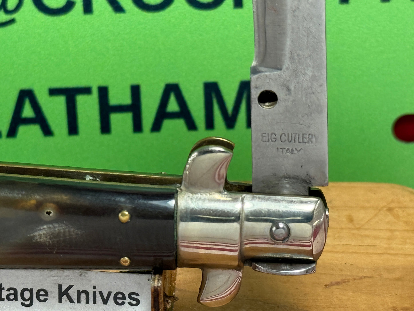 EIG CUTLERY ITALY 1950-56 PICK LOCK STILETTO 20 CM ITALIAN AUTOMATIC KNIFE BUFFALO HORN HANDLES