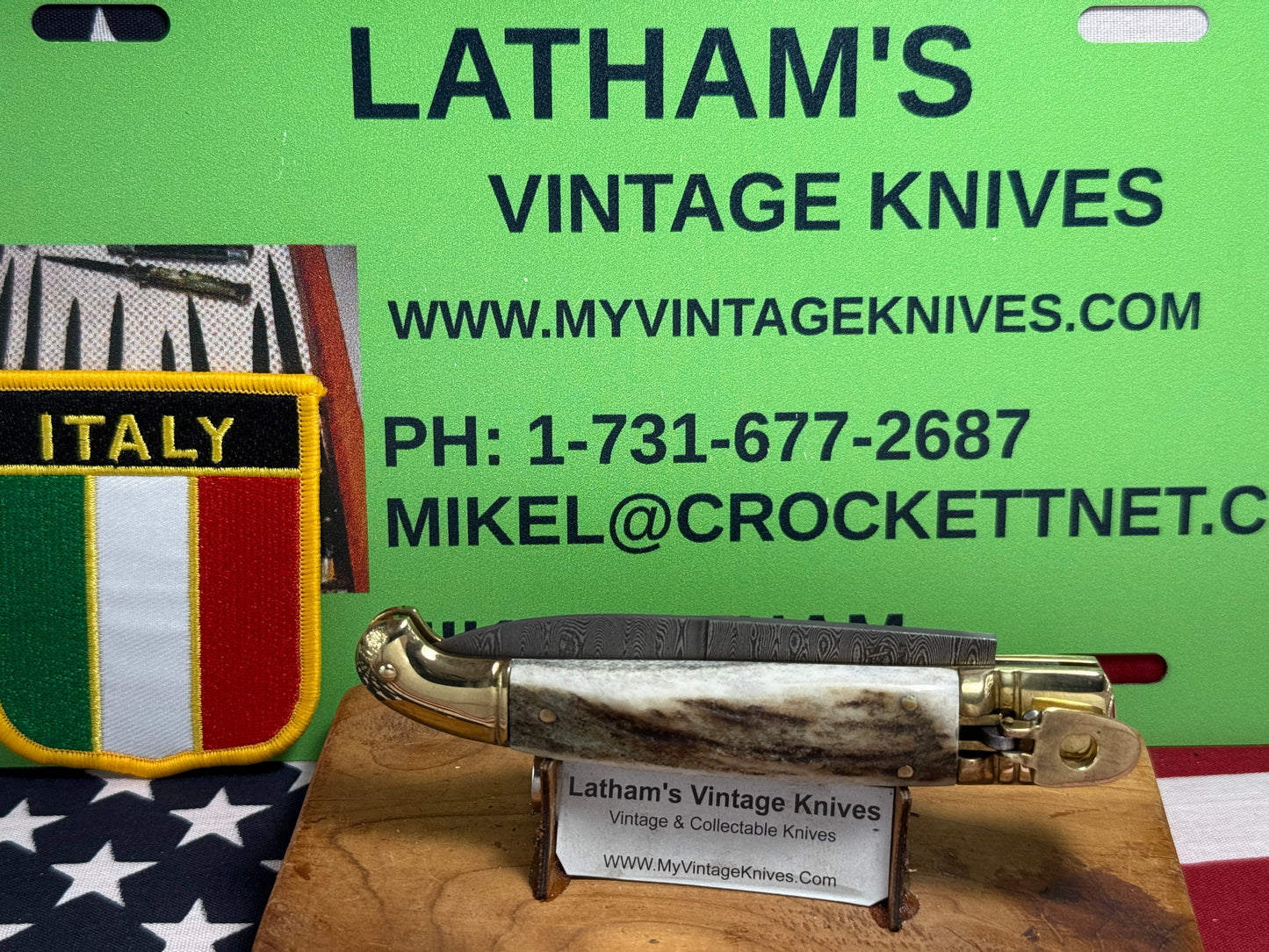 AB ITALY 2005-2010 LEVER AUTOMATIC "BIRD'S HEAD" DAMACUS STEEL ITALIAN AUTOMATIC KNIFE STAG HANDLES