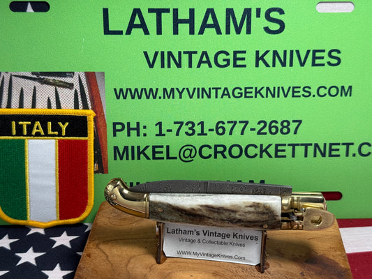 AB ITALY 2005-2010 LEVER AUTOMATIC "BIRD'S HEAD" DAMACUS STEEL ITALIAN AUTOMATIC KNIFE STAG HANDLES