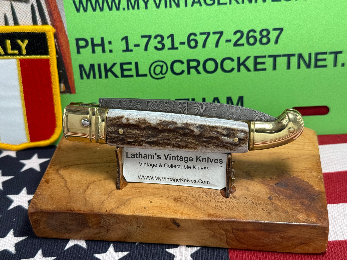 AB ITALY 2005-2010 LEVER AUTOMATIC "BIRD'S HEAD" DAMACUS STEEL ITALIAN AUTOMATIC KNIFE STAG HANDLES