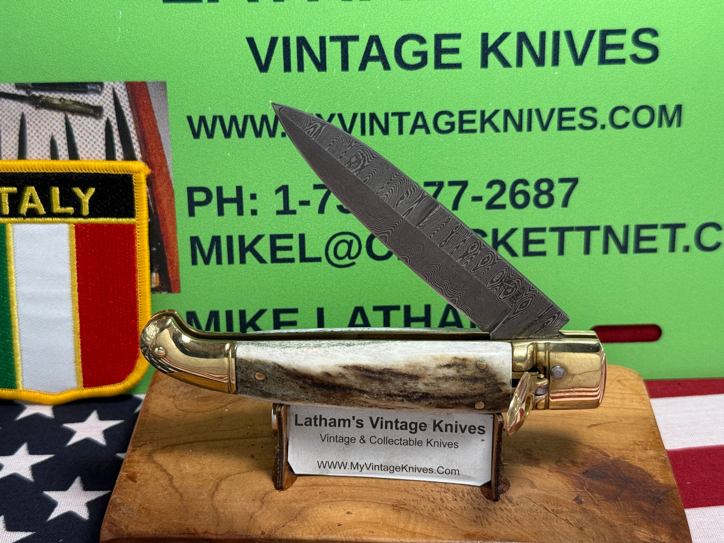 AB ITALY 2005-2010 LEVER AUTOMATIC "BIRD'S HEAD" DAMACUS STEEL ITALIAN AUTOMATIC KNIFE STAG HANDLES