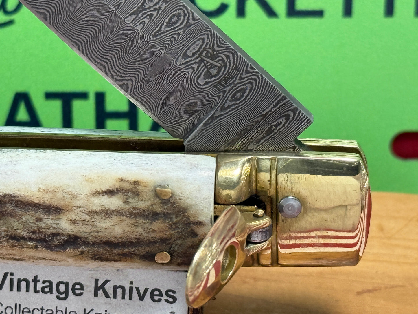 AB ITALY 2005-2010 LEVER AUTOMATIC "BIRD'S HEAD" DAMACUS STEEL ITALIAN AUTOMATIC KNIFE STAG HANDLES