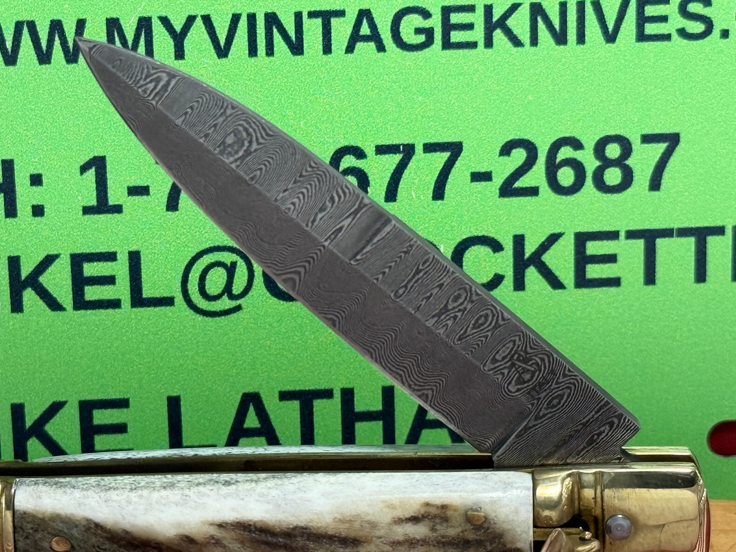 AB ITALY 2005-2010 LEVER AUTOMATIC "BIRD'S HEAD" DAMACUS STEEL ITALIAN AUTOMATIC KNIFE STAG HANDLES