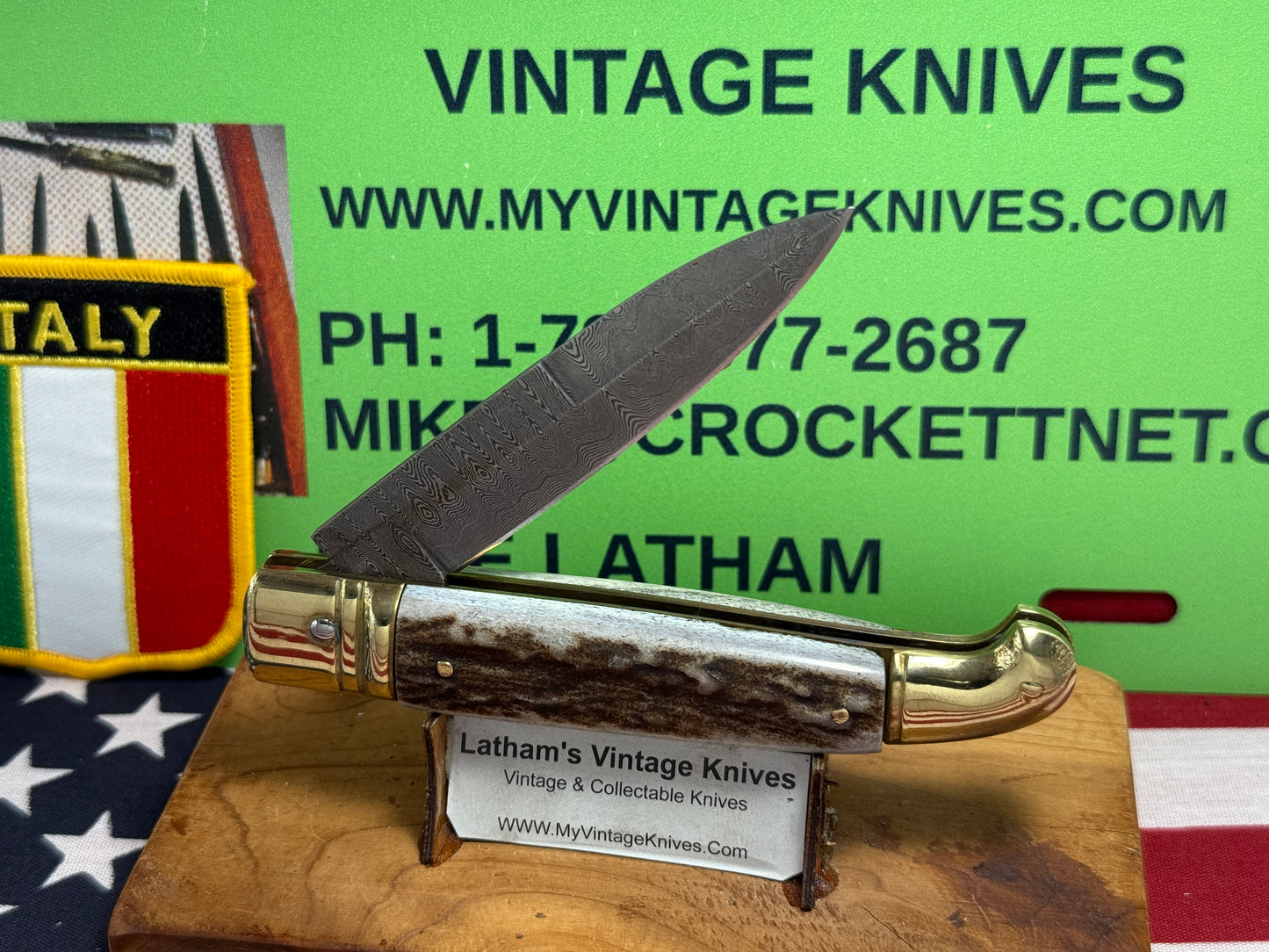 AB ITALY 2005-2010 LEVER AUTOMATIC "BIRD'S HEAD" DAMACUS STEEL ITALIAN AUTOMATIC KNIFE STAG HANDLES