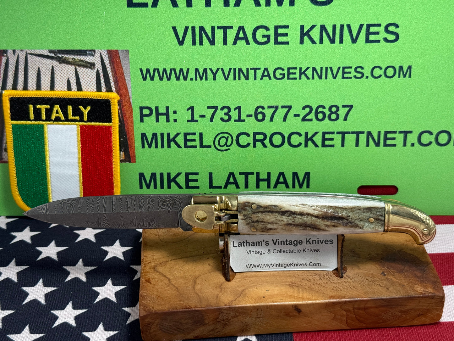 AB ITALY 2005-2010 LEVER AUTOMATIC "BIRD'S HEAD" DAMACUS STEEL ITALIAN AUTOMATIC KNIFE STAG HANDLES