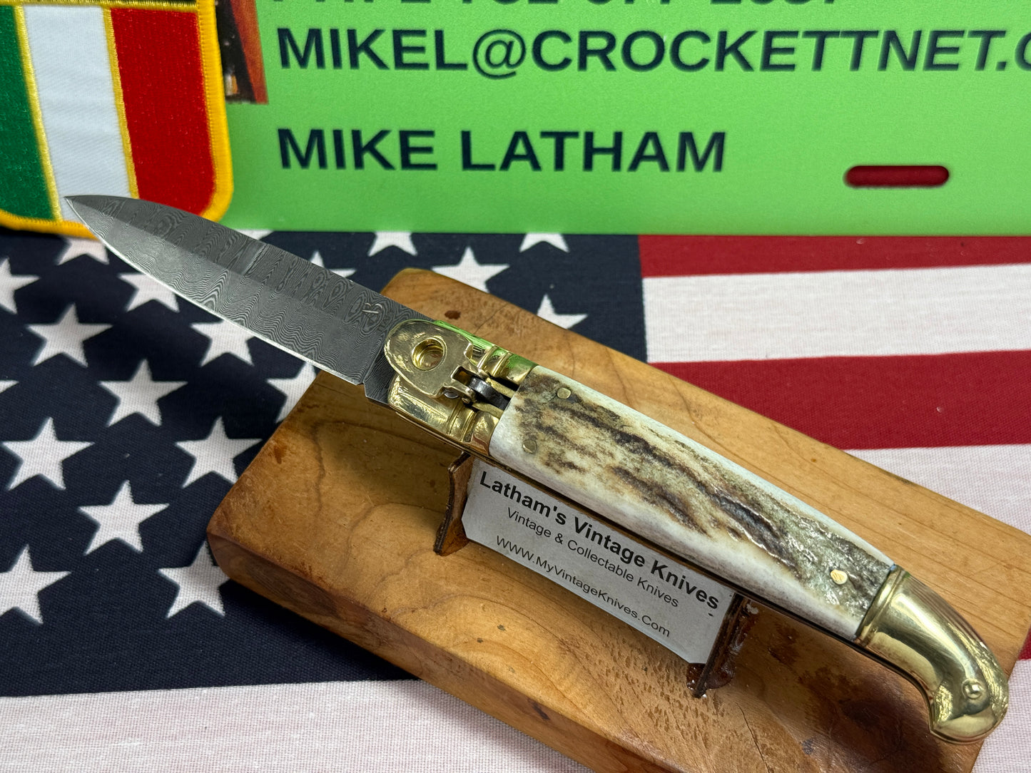 AB ITALY 2005-2010 LEVER AUTOMATIC "BIRD'S HEAD" DAMACUS STEEL ITALIAN AUTOMATIC KNIFE STAG HANDLES