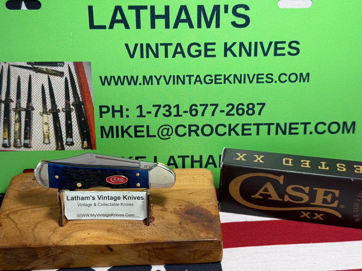 CASE XX USA, W.R. CASE 2024 MINI COPPERLOCK 61749L SS CONVERTED AMERICAN AUTOMATIC D/A CUSTOM AUTOMATIC KNIFE NAVY BLUE BONE ROGERS JIG HANDLES WITH CASE RED SHIELD