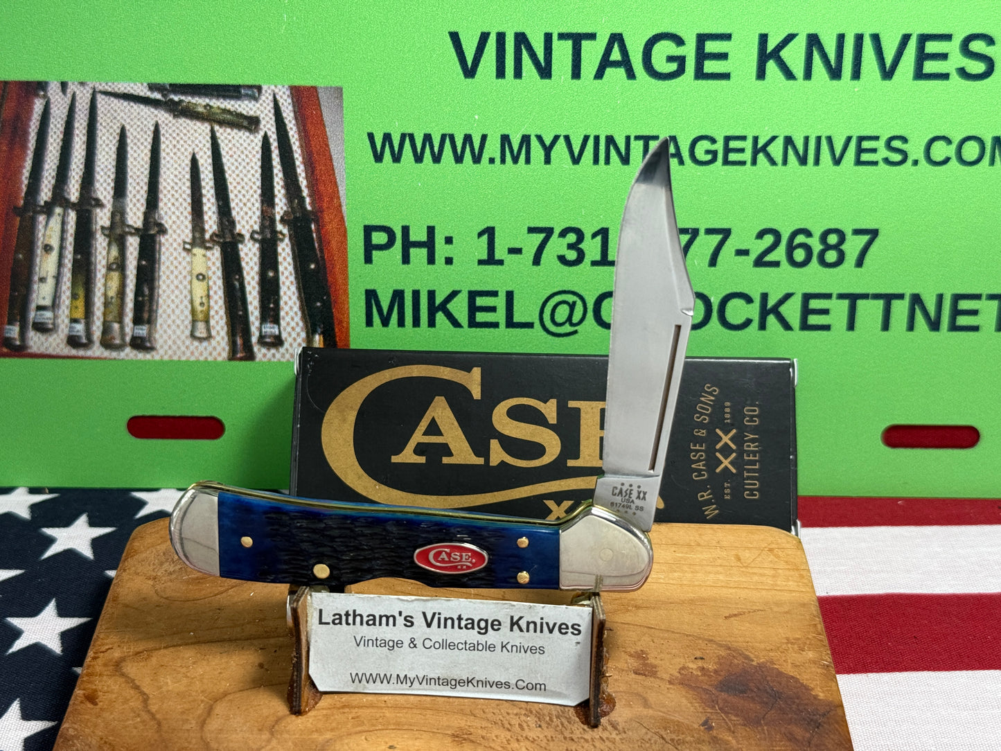 CASE XX USA, W.R. CASE 2024 MINI COPPERLOCK 61749L SS CONVERTED AMERICAN AUTOMATIC D/A CUSTOM AUTOMATIC KNIFE NAVY BLUE BONE ROGERS JIG HANDLES WITH CASE RED SHIELD