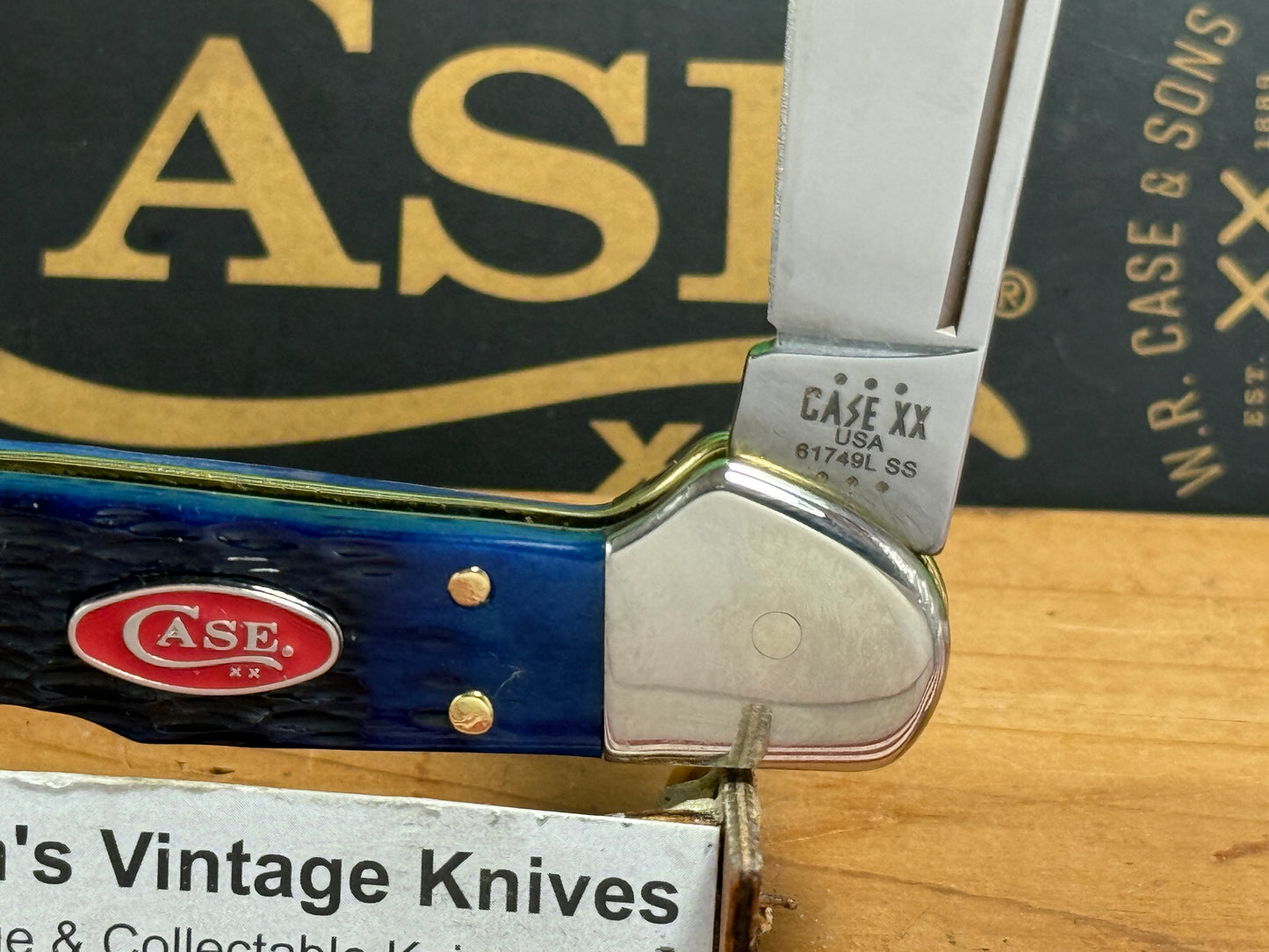 CASE XX USA, W.R. CASE 2024 MINI COPPERLOCK 61749L SS CONVERTED AMERICAN AUTOMATIC D/A CUSTOM AUTOMATIC KNIFE NAVY BLUE BONE ROGERS JIG HANDLES WITH CASE RED SHIELD