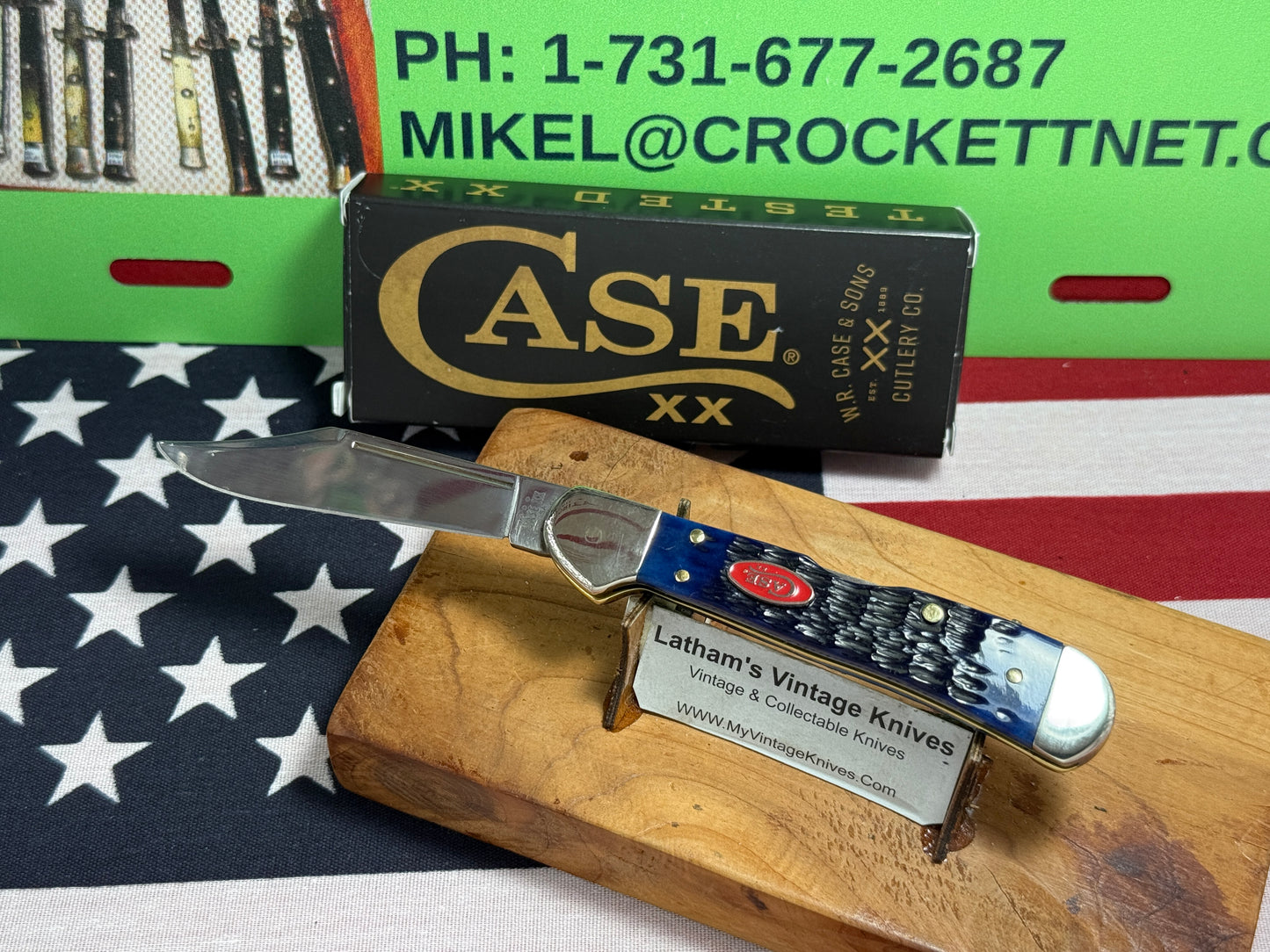 CASE XX USA, W.R. CASE 2024 MINI COPPERLOCK 61749L SS CONVERTED AMERICAN AUTOMATIC D/A CUSTOM AUTOMATIC KNIFE NAVY BLUE BONE ROGERS JIG HANDLES WITH CASE RED SHIELD